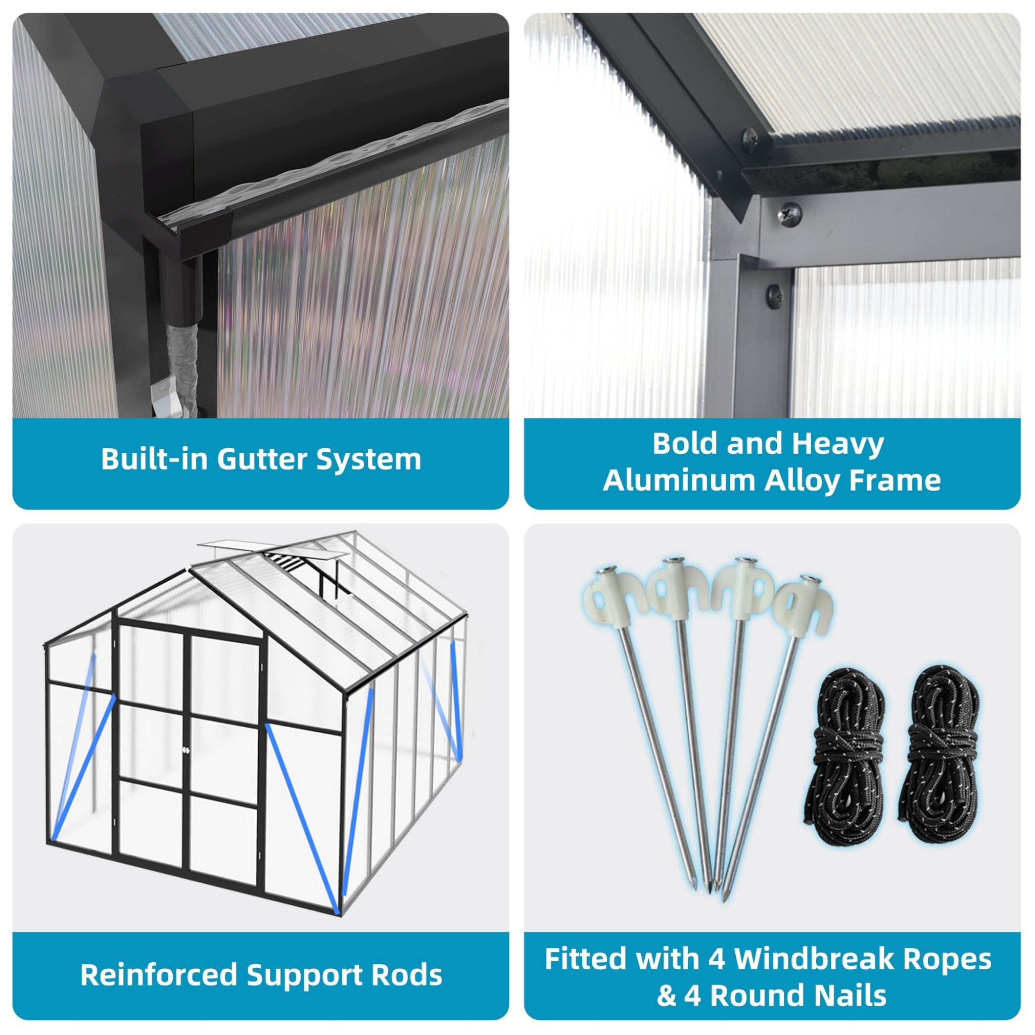 8X12FT All-Season Outdoor Backyard Polycarbonate Greenhouse With Raised Base And Aluminum Frame (SAK78614)