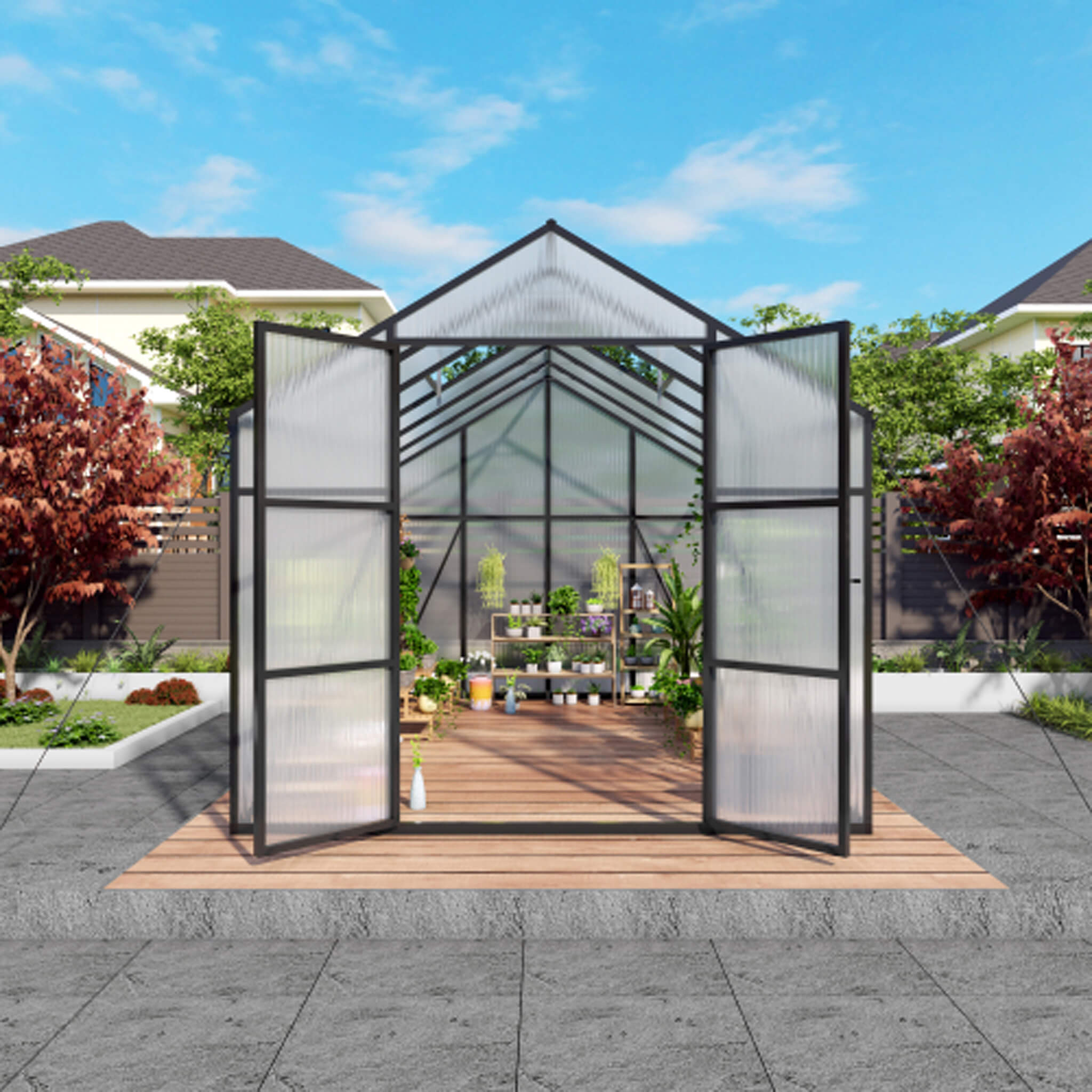 8X12FT All-Season Outdoor Backyard Polycarbonate Greenhouse With Raised Base And Aluminum Frame (SAK78614)