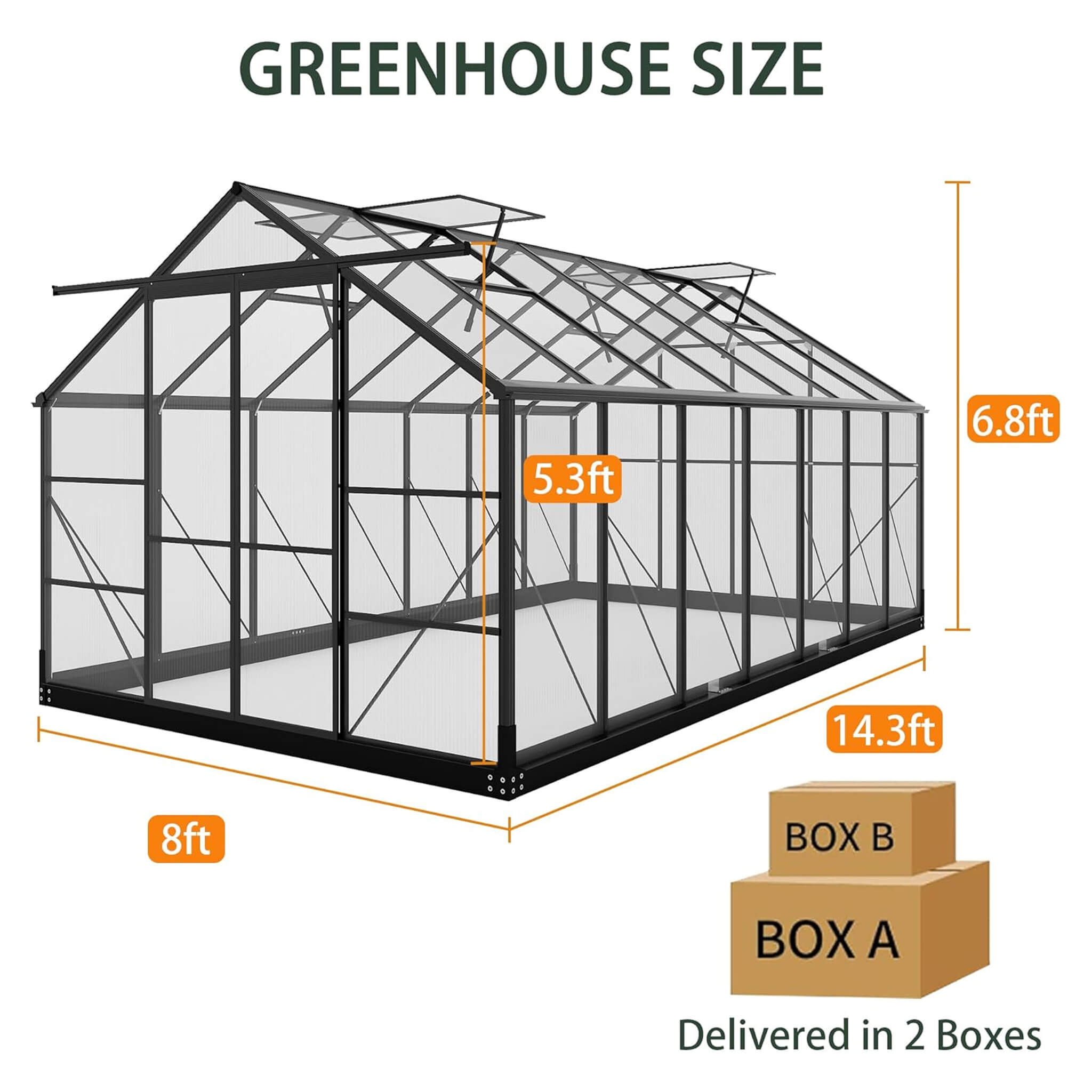 8X14FT Outdoor Polycarbonate Greenhouse With Roof Vents & Sliding Doors, 4MM (SAK19426)