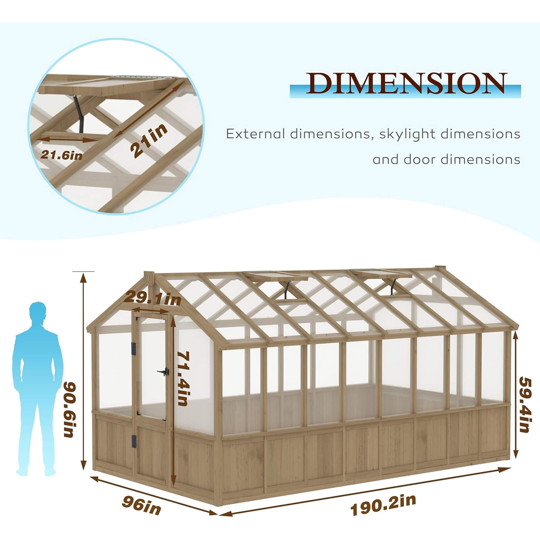8X16 FT Large Heavy-Duty Outdoor Wooden Greenhouse With 6MM Polycarbonate Panels And Vent Roof (SAK18467)