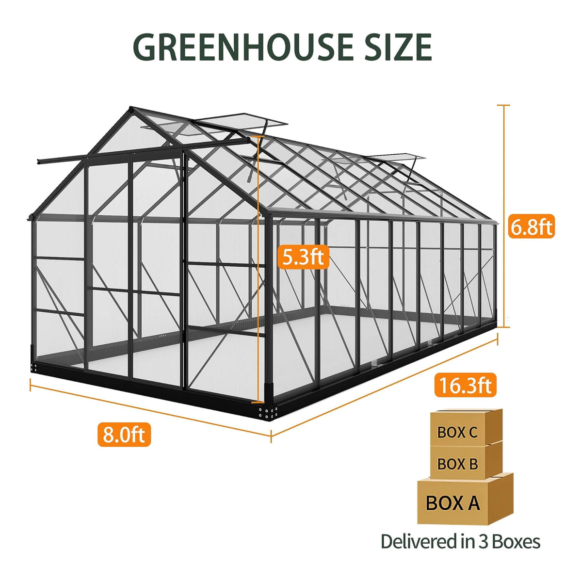 8X16 FT Premium Outdoor Walk-In Polycarbonate Greenhouse With Roof Vents & Sliding Doors, 4MM