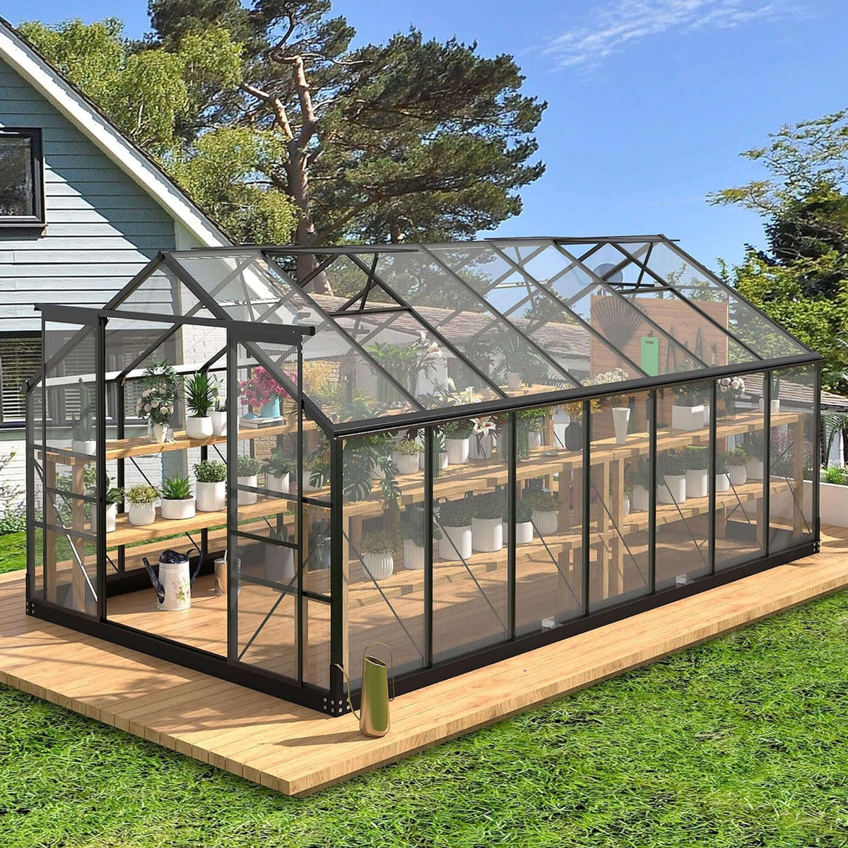 8X16 FT Premium Outdoor Walk-In Polycarbonate Greenhouse With Roof Vents & Sliding Doors, 4MM