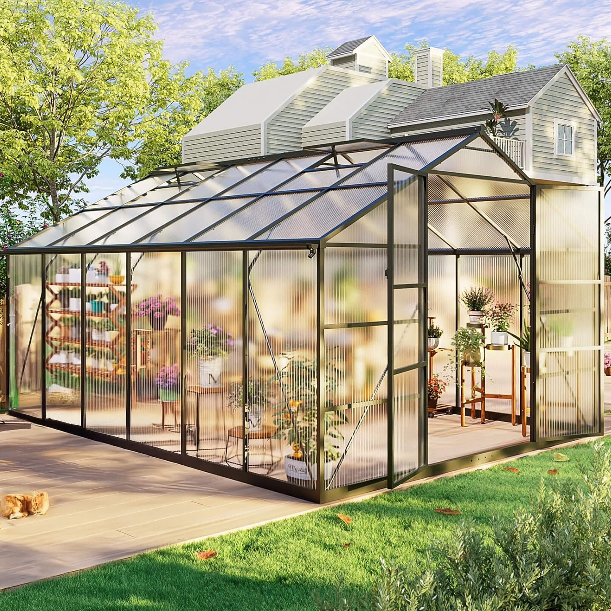 10X12 FT Outdoor Polycarbonate Aluminum Greenhouse With UV Protection And Thermometer (SAK59183)