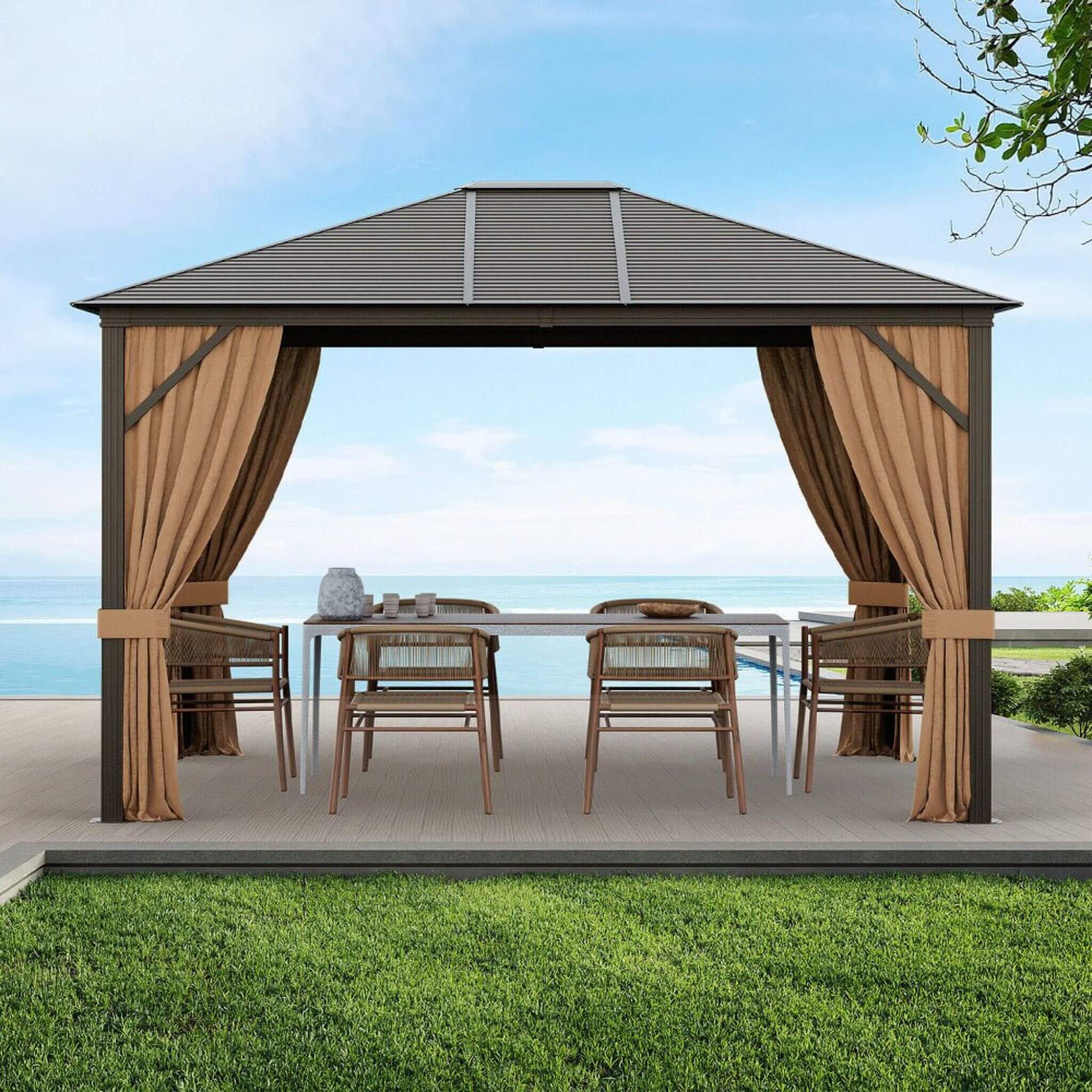 10X12FT Premium Outdoor Hardtop Patio Gazebo W/ Galvanized Steel Top & Aluminum Frame