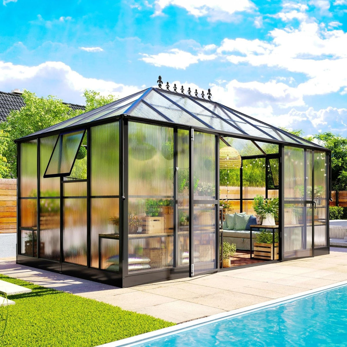 10X14FT Premium Outdoor Polycarbonate Greenhouse With Aluminum Frame And Double Swing Doors (SAK23168)