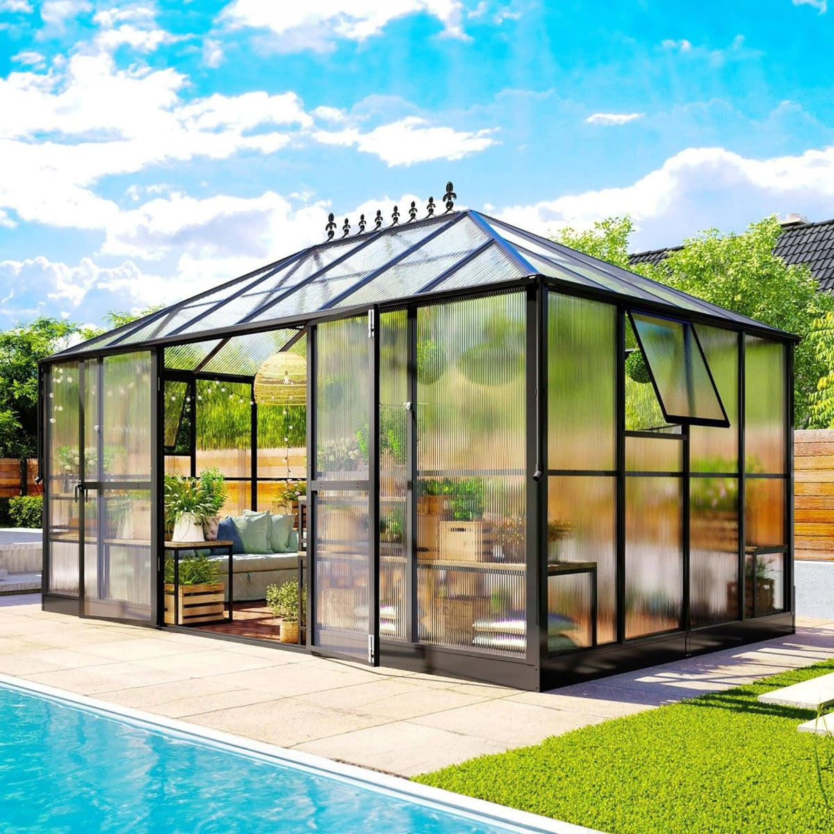10X14FT Premium Outdoor Polycarbonate Greenhouse With Aluminum Frame And Double Swing Doors (SAK23168)