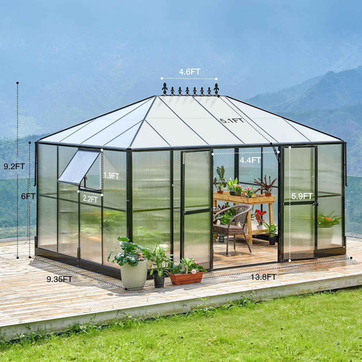 10X14FT Premium Outdoor Polycarbonate Greenhouse With Aluminum Frame And Double Swing Doors (SAK23168)