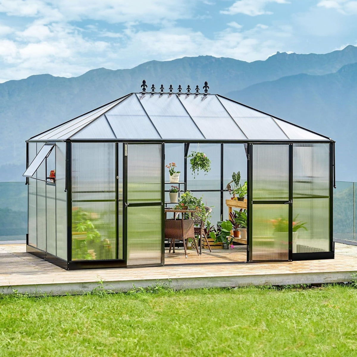 10X14FT Premium Outdoor Polycarbonate Greenhouse With Aluminum Frame And Double Swing Doors (SAK23168)