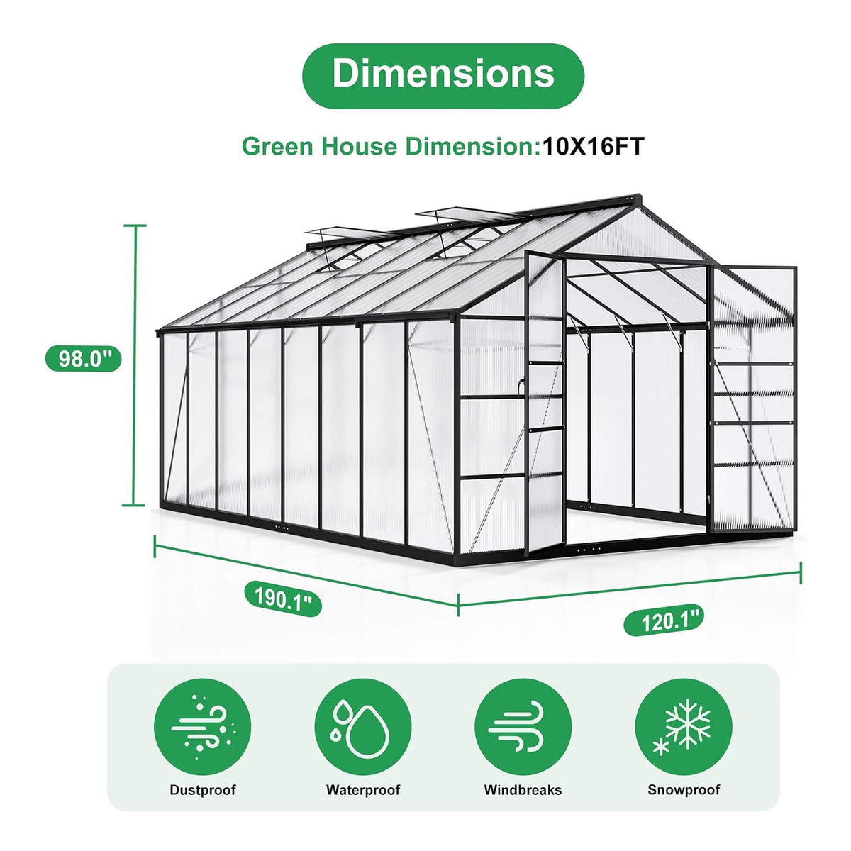 10X16FT Premium Walk-In Polycarbonate Greenhouse With Aluminum Frame (SAK49173)