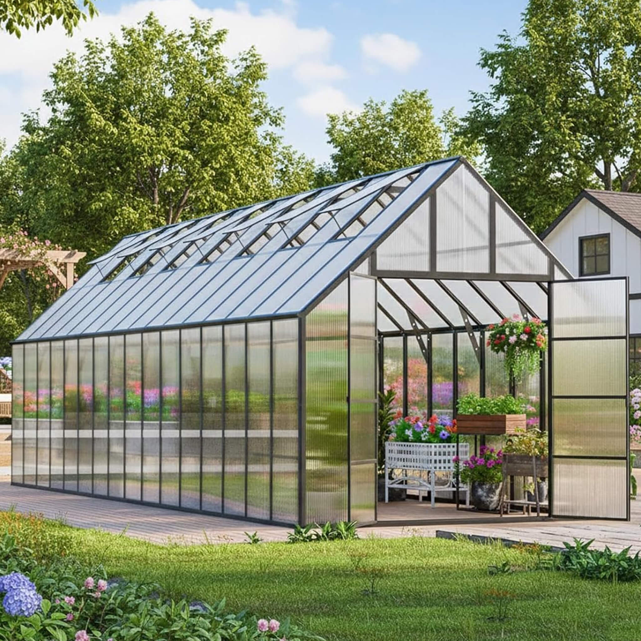 10X32FT Heavy-Duty Outdoor Aluminum Polycarbonate Greenhouse With Roof Vents And Swing Doors, 4MM