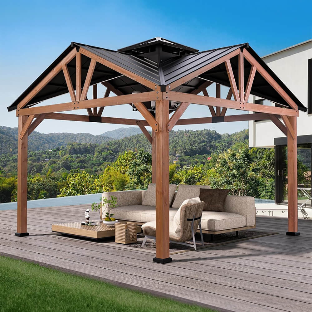 12X12FT Alora Premium Outdoor Cedar Wood Hardtop Gazebo With Galvanized Steel Roof