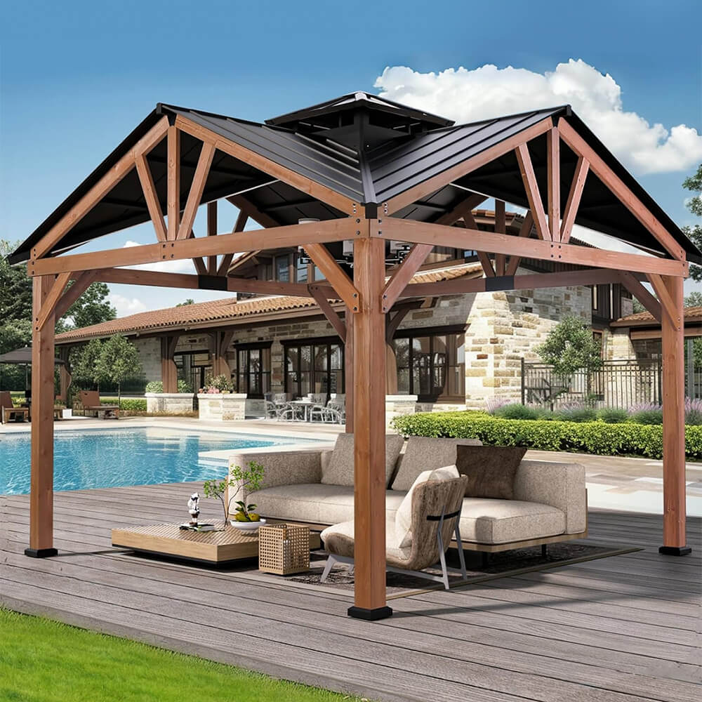 12X12FT Alora Premium Outdoor Cedar Wood Hardtop Gazebo With Galvanized Steel Roof