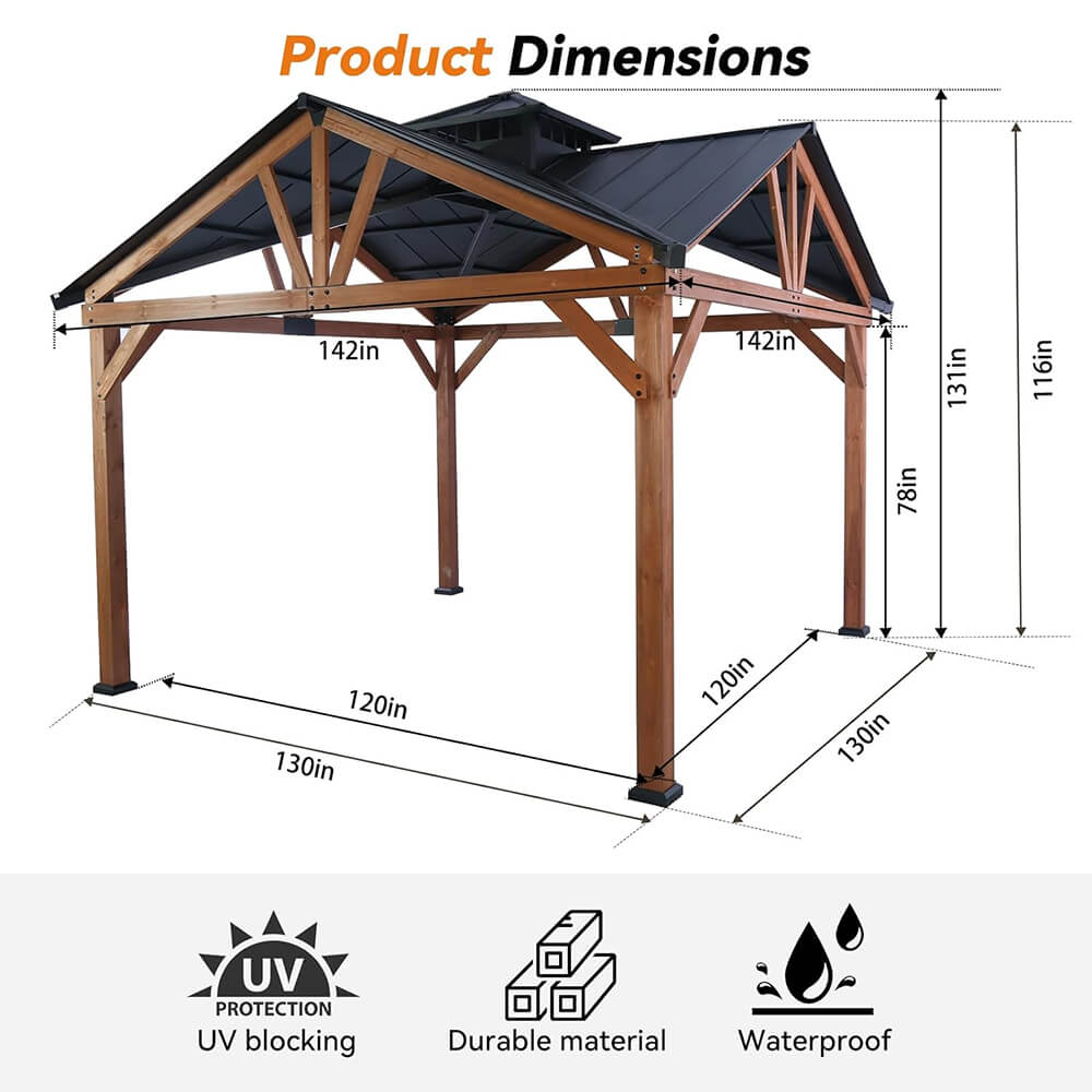 12X12FT Alora Premium Outdoor Cedar Wood Hardtop Gazebo With Galvanized Steel Roof