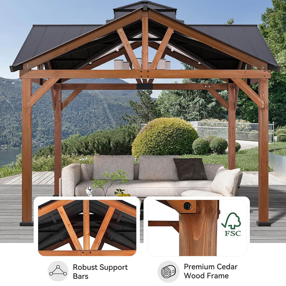 12X12FT Alora Premium Outdoor Cedar Wood Hardtop Gazebo With Galvanized Steel Roof