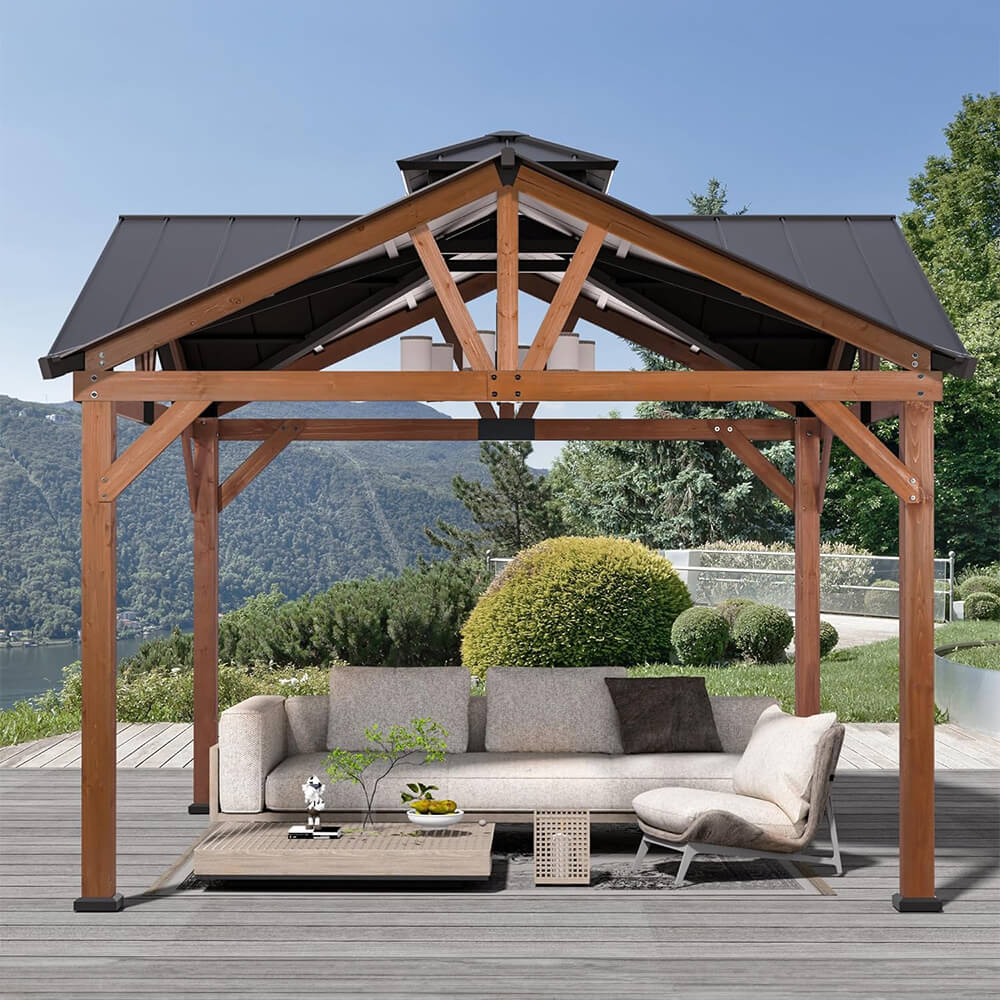 12X12FT Alora Premium Outdoor Cedar Wood Hardtop Gazebo With Galvanized Steel Roof