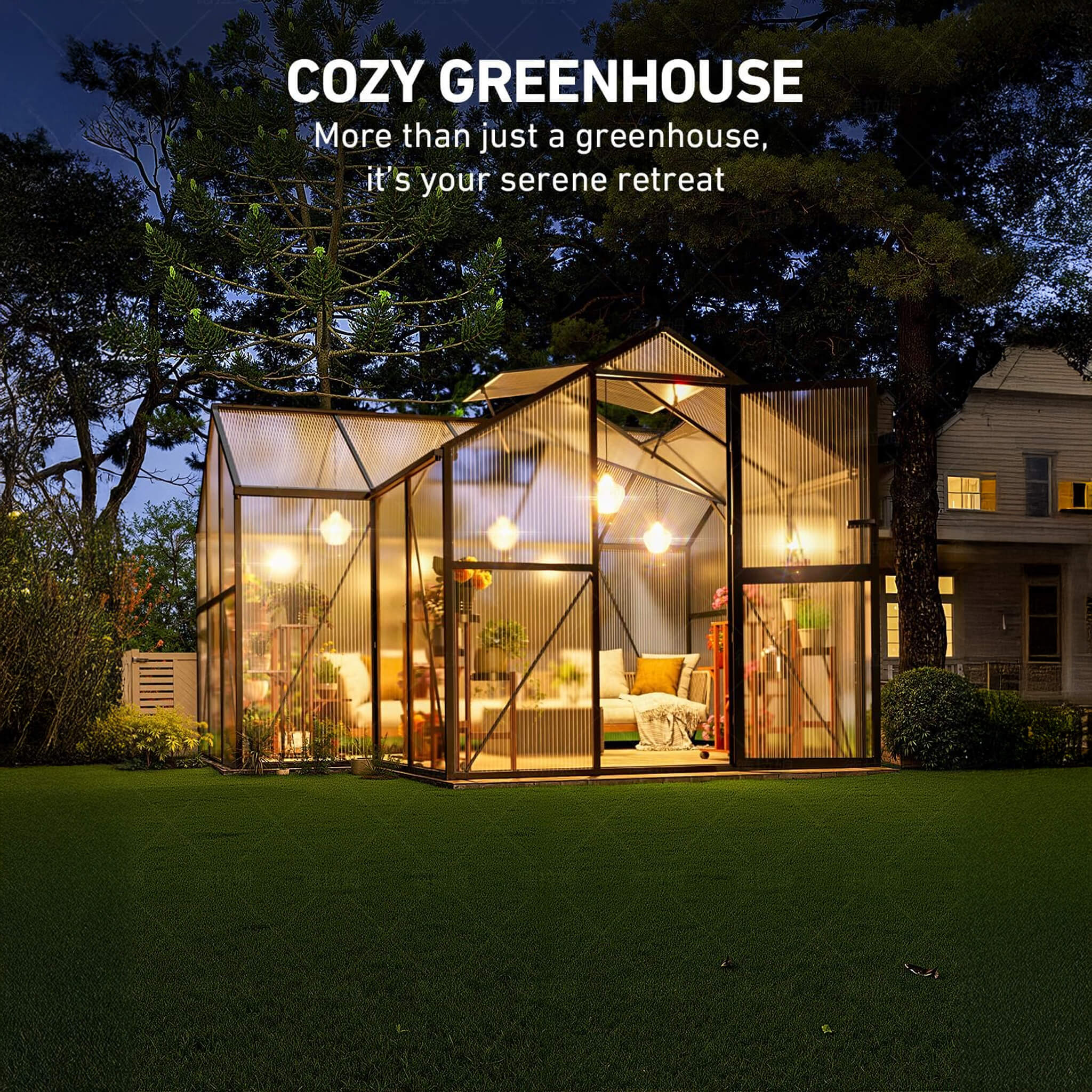 12X12 FT Premium T-Shape Polycarbonate Greenhouse With UV Protection And Aluminum Frame (SAK27460)