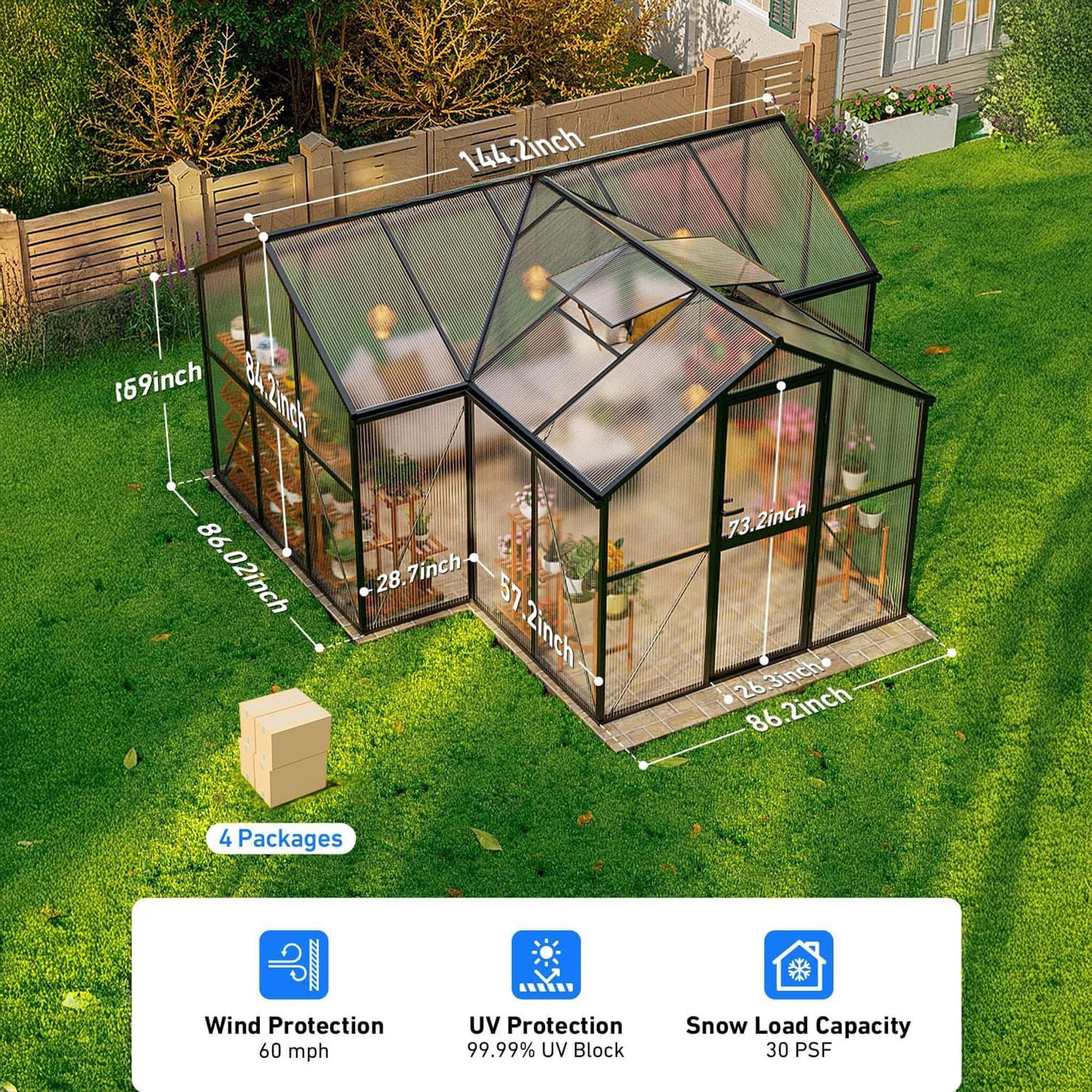 12X12 FT Premium T-Shape Polycarbonate Greenhouse With UV Protection And Aluminum Frame (SAK27460)