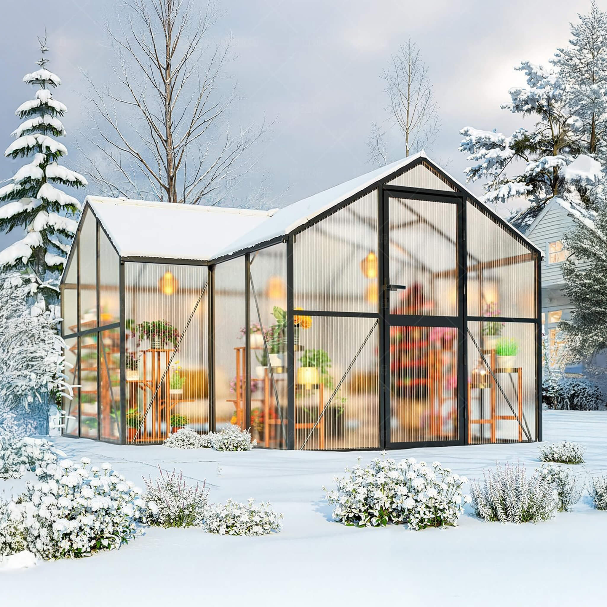 12X12 FT Premium T-Shape Polycarbonate Greenhouse With UV Protection And Aluminum Frame (SAK27460)