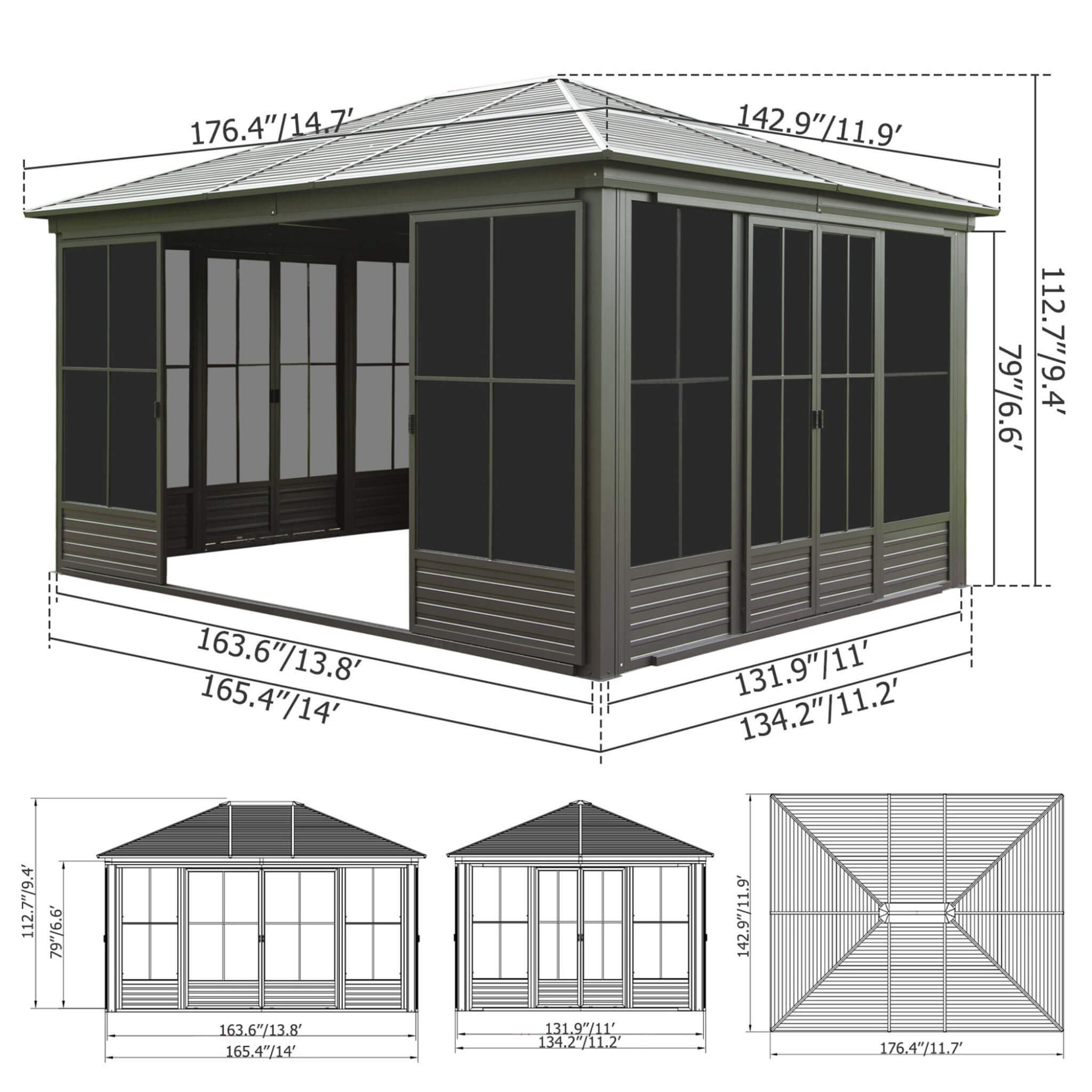 12X14FT Alora Premium All-Weather Outdoor Aluminum Sunroom With Galvanized Steel Hardtop Sloping Roof, Lockable Doors, And Moveable PC Screens (SAK76831)