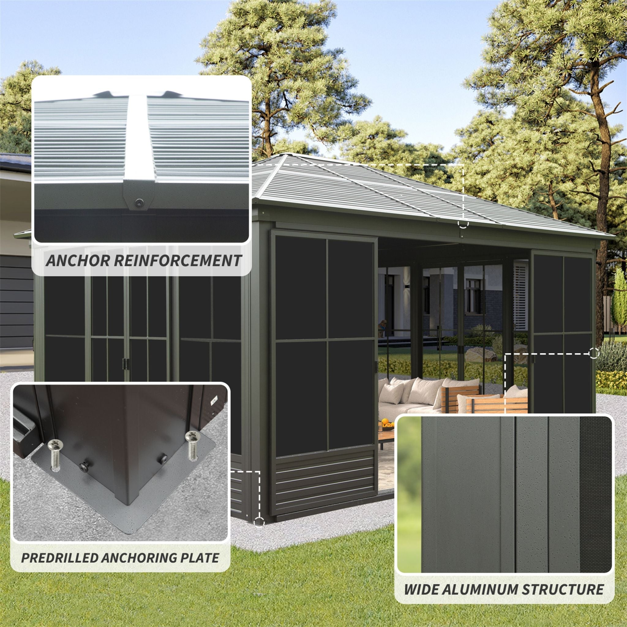 12X14FT Alora Premium All-Weather Outdoor Aluminum Sunroom With Galvanized Steel Hardtop Sloping Roof, Lockable Doors, And Moveable PC Screens (SAK76831)