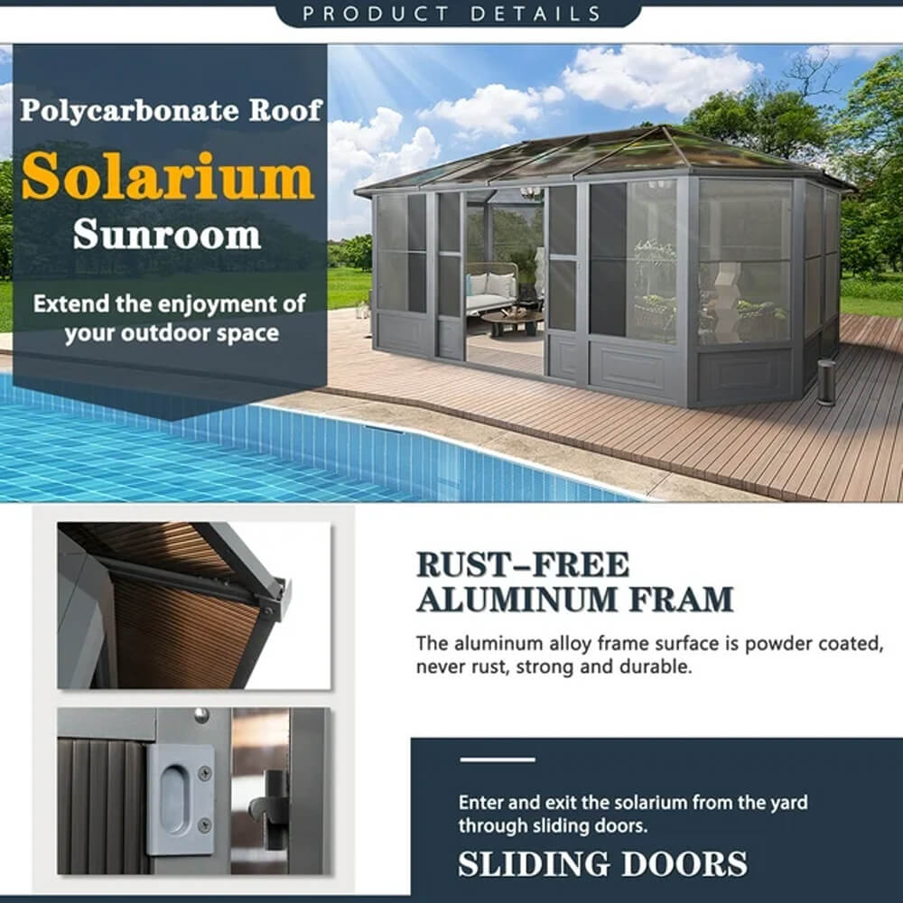 12x18FT Alora Large Luxury Outdoor All-Season Aluminum Solarium Sunroom With Polycarbonate Hardtop And Sliding Doors (SAK35948)