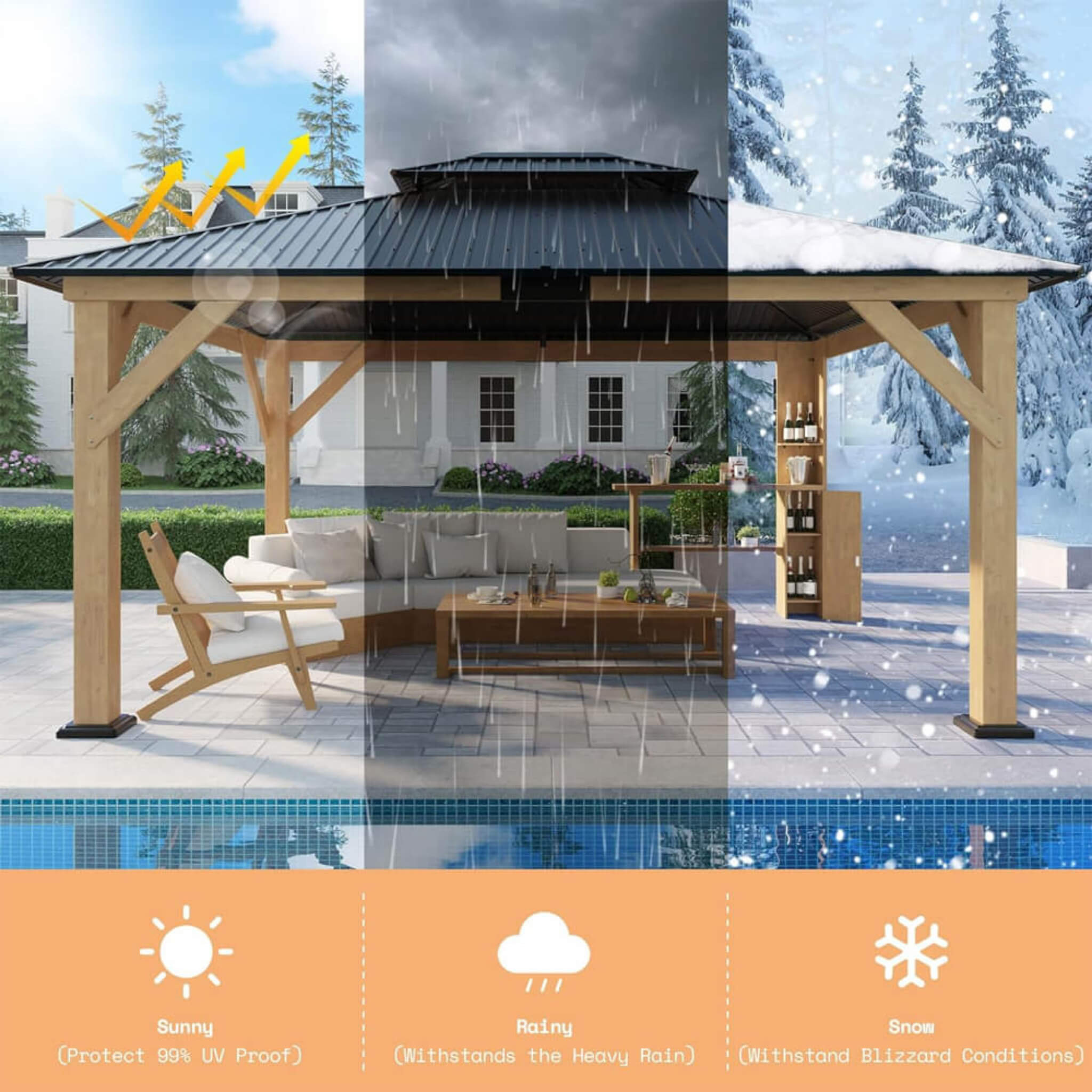13X15FT Alora Premium Outdoor All-Season Wooden Cedar Hardtop Gazebo Carport With Double Iron Roof (SAK35187)