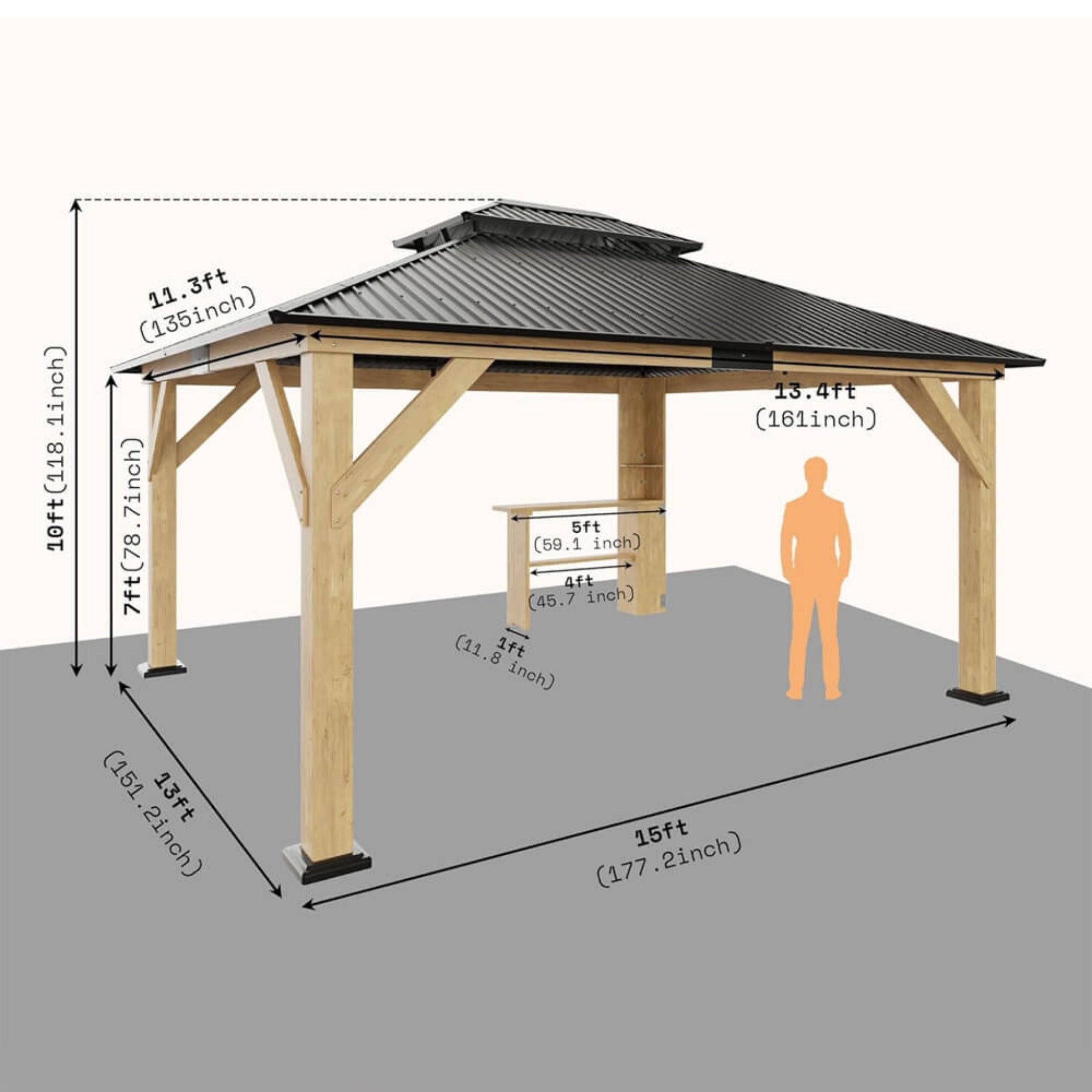13X15FT Alora Premium Outdoor All-Season Wooden Cedar Hardtop Gazebo Carport With Double Iron Roof (SAK35187)