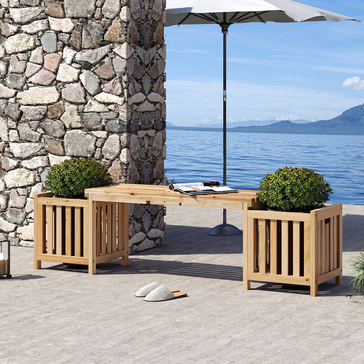 Patio Wooden Bench with Planter 2 Person Patio Bench-Natural