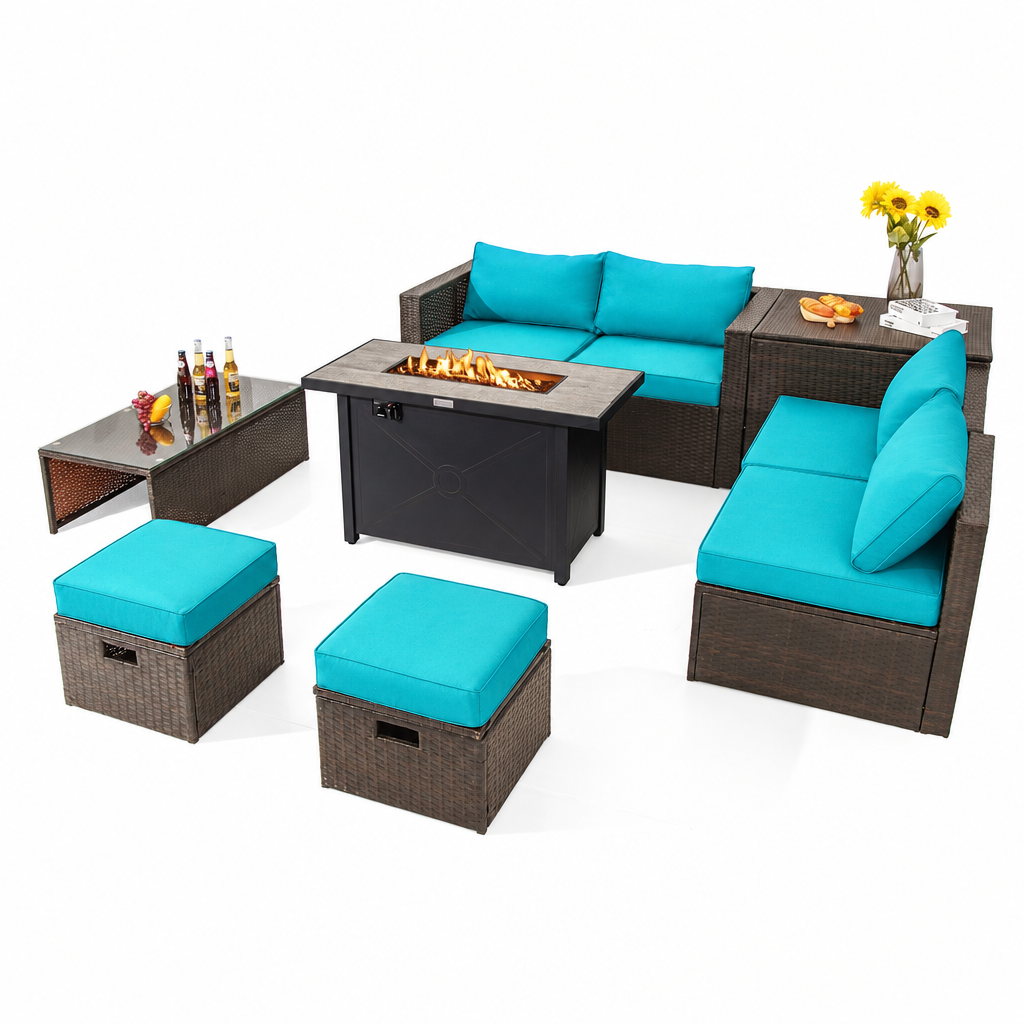 9 Pieces Outdoor Patio Furniture Set with 42 Inch Propane Fire Pit Table
