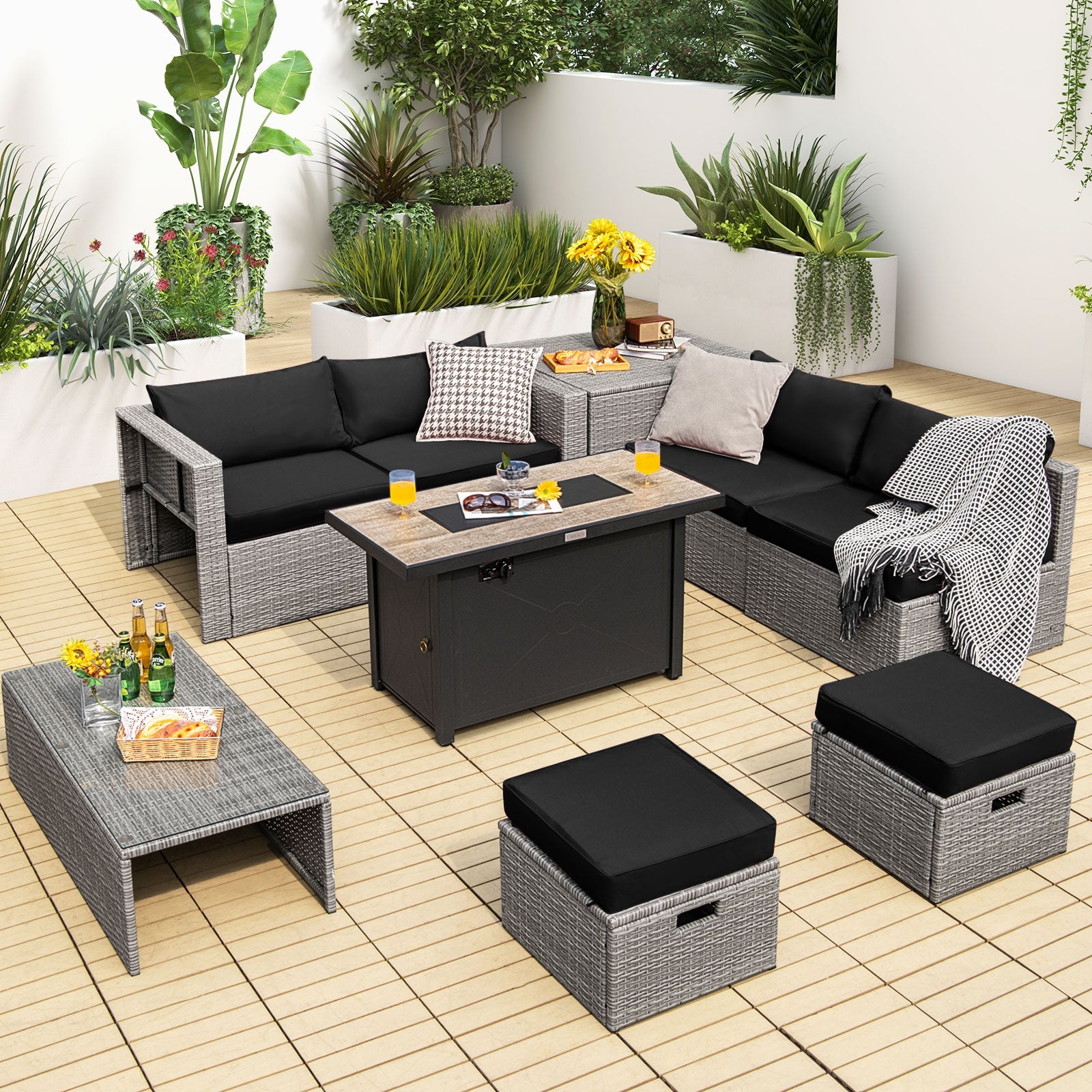 9 Piece Outdoor Wicker Patio Furniture Set with 60,000 BTU Fire Pit Table and Waterproof Covers