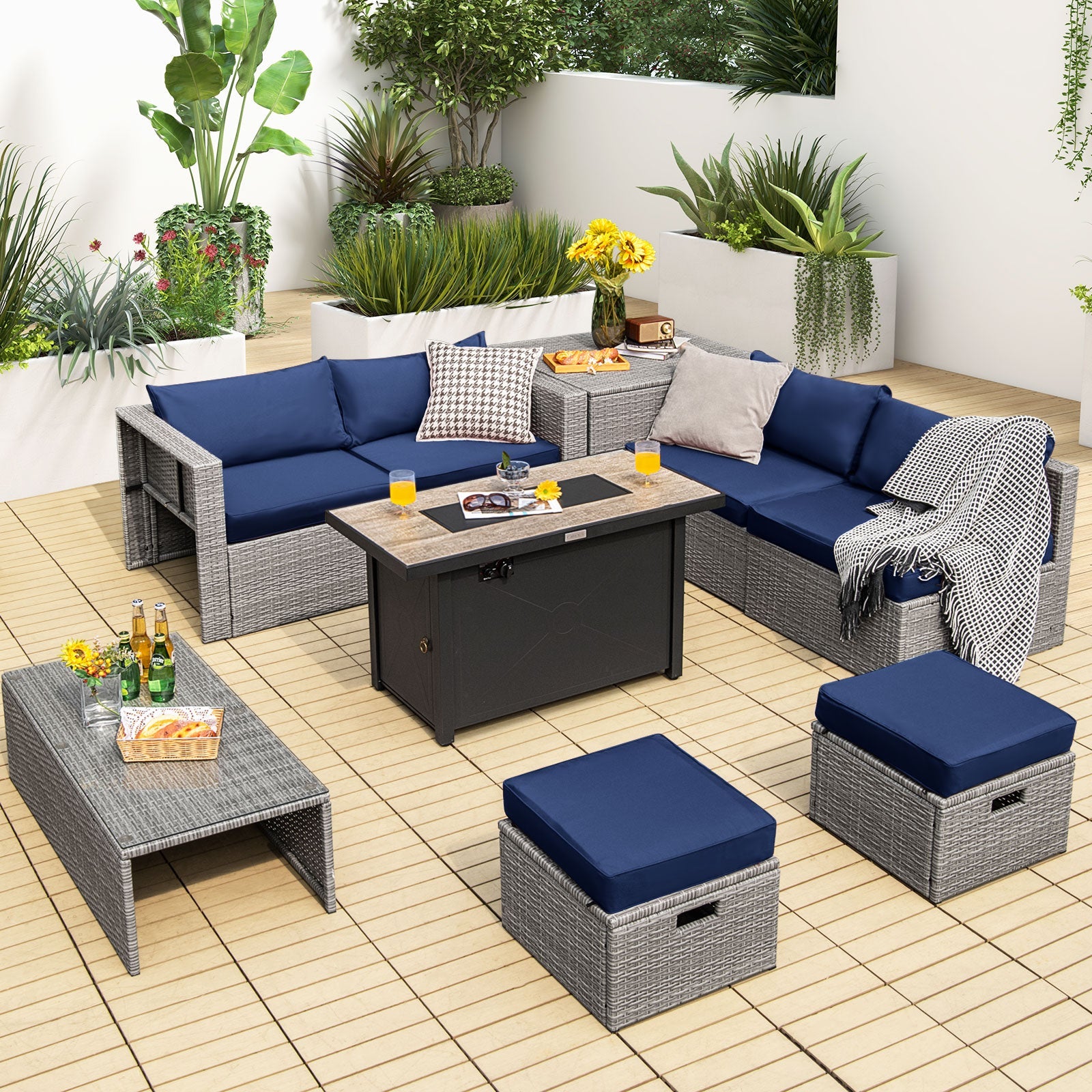 9 Piece Patio Furniture Set with 42 Inch 60000 BTU Fire Pit-Navy