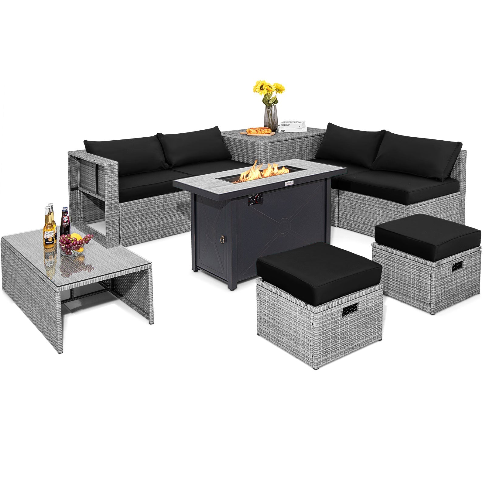 9 Piece Outdoor Wicker Patio Furniture Set with 60,000 BTU Fire Pit Table and Waterproof Covers