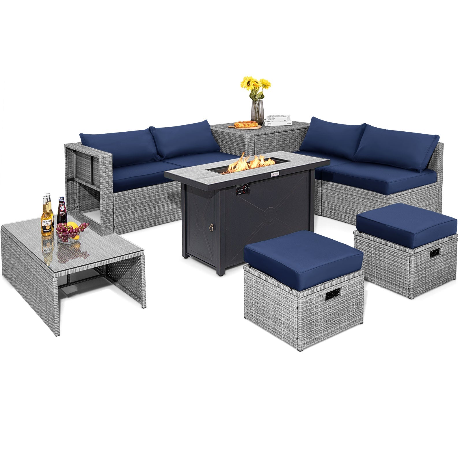 9 Piece Patio Furniture Set with 42 Inch 60000 BTU Fire Pit-Navy