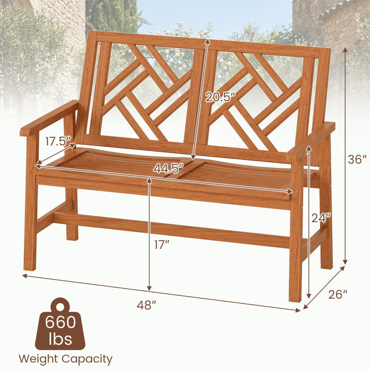 Outdoor Bench Wood 2-Person Patio Loveseat Chair with Geometric Backrest