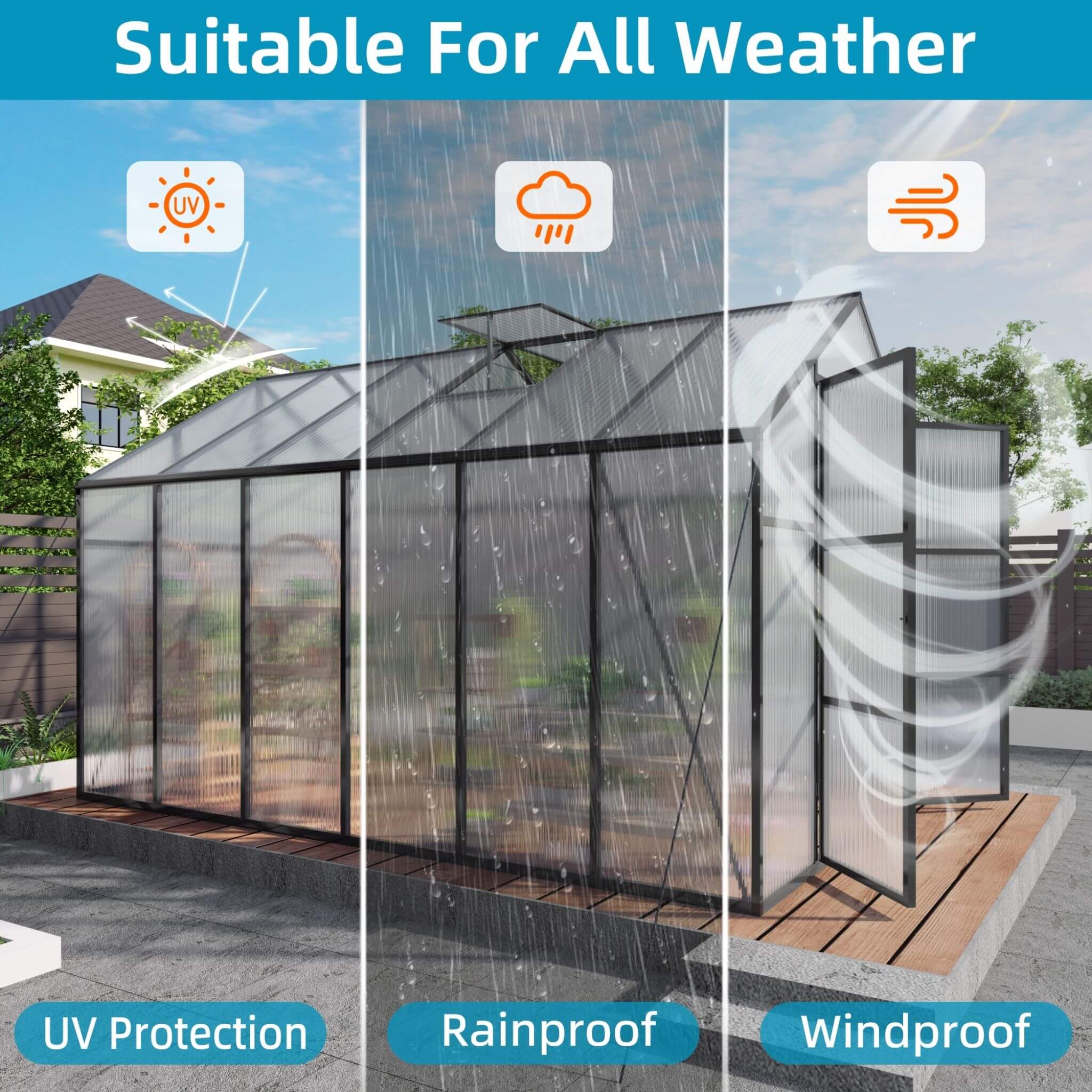8X12FT All-Season Outdoor Backyard Polycarbonate Greenhouse With Raised Base And Aluminum Frame (SAK78614)