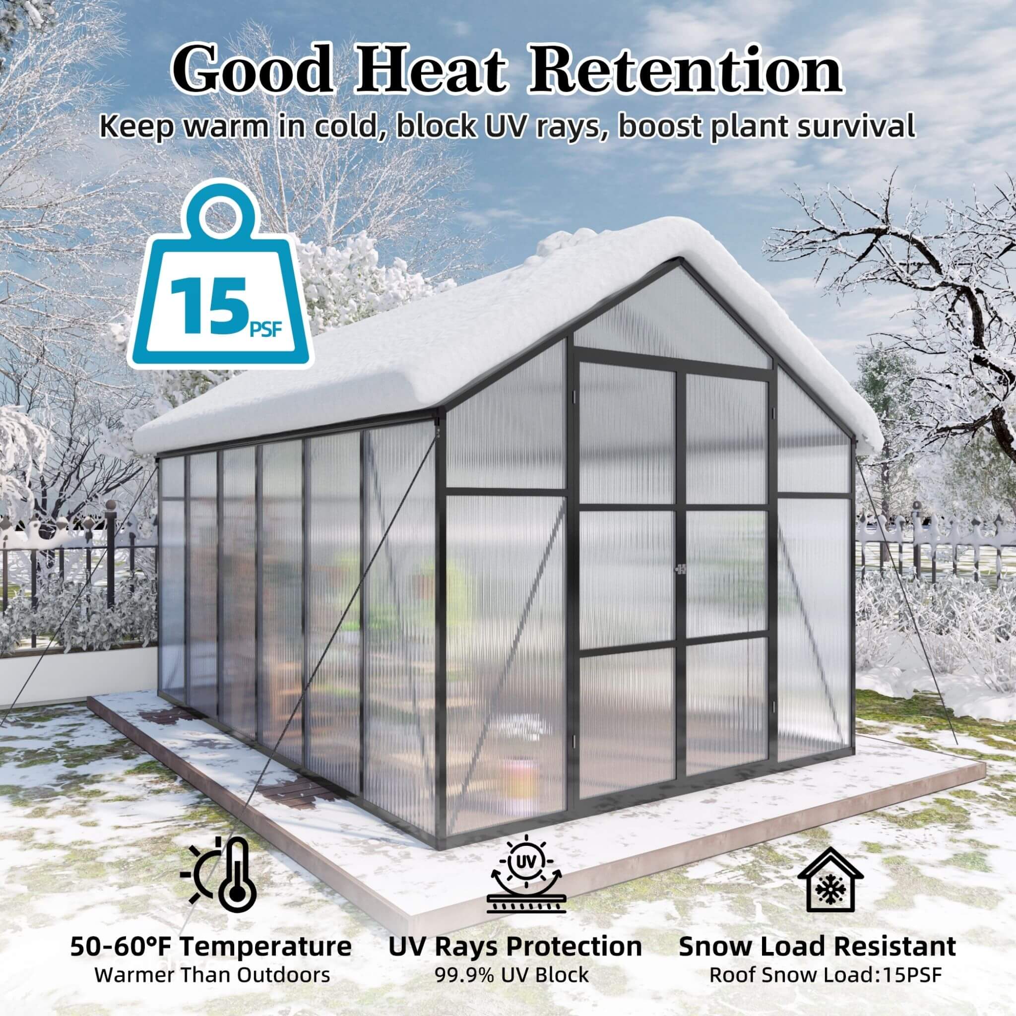 8X12FT All-Season Outdoor Backyard Polycarbonate Greenhouse With Raised Base And Aluminum Frame (SAK78614)