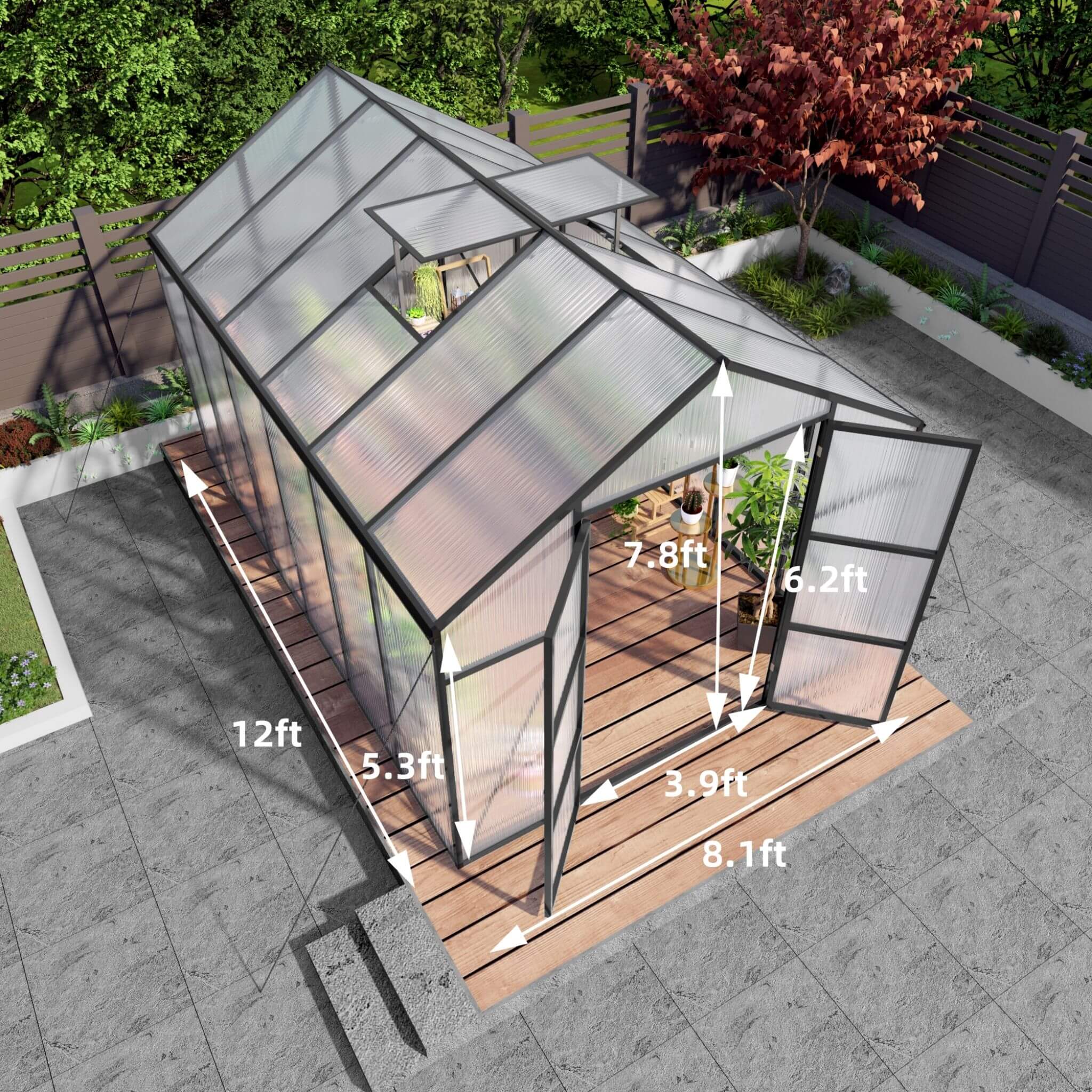 8X12FT All-Season Outdoor Backyard Polycarbonate Greenhouse With Raised Base And Aluminum Frame (SAK78614)
