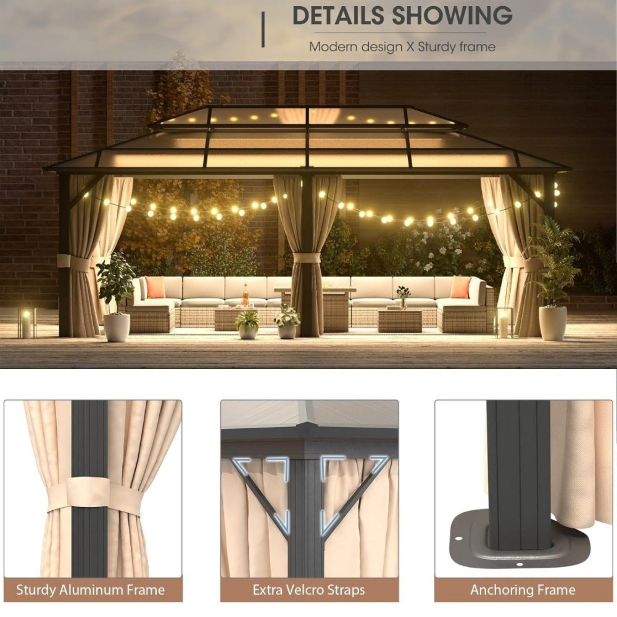 12X20FT Alora Premium Aluminum Outdoor Polycarbonate Hardtop Gazebo With UV Protection, Netting & Curtains (96815273)