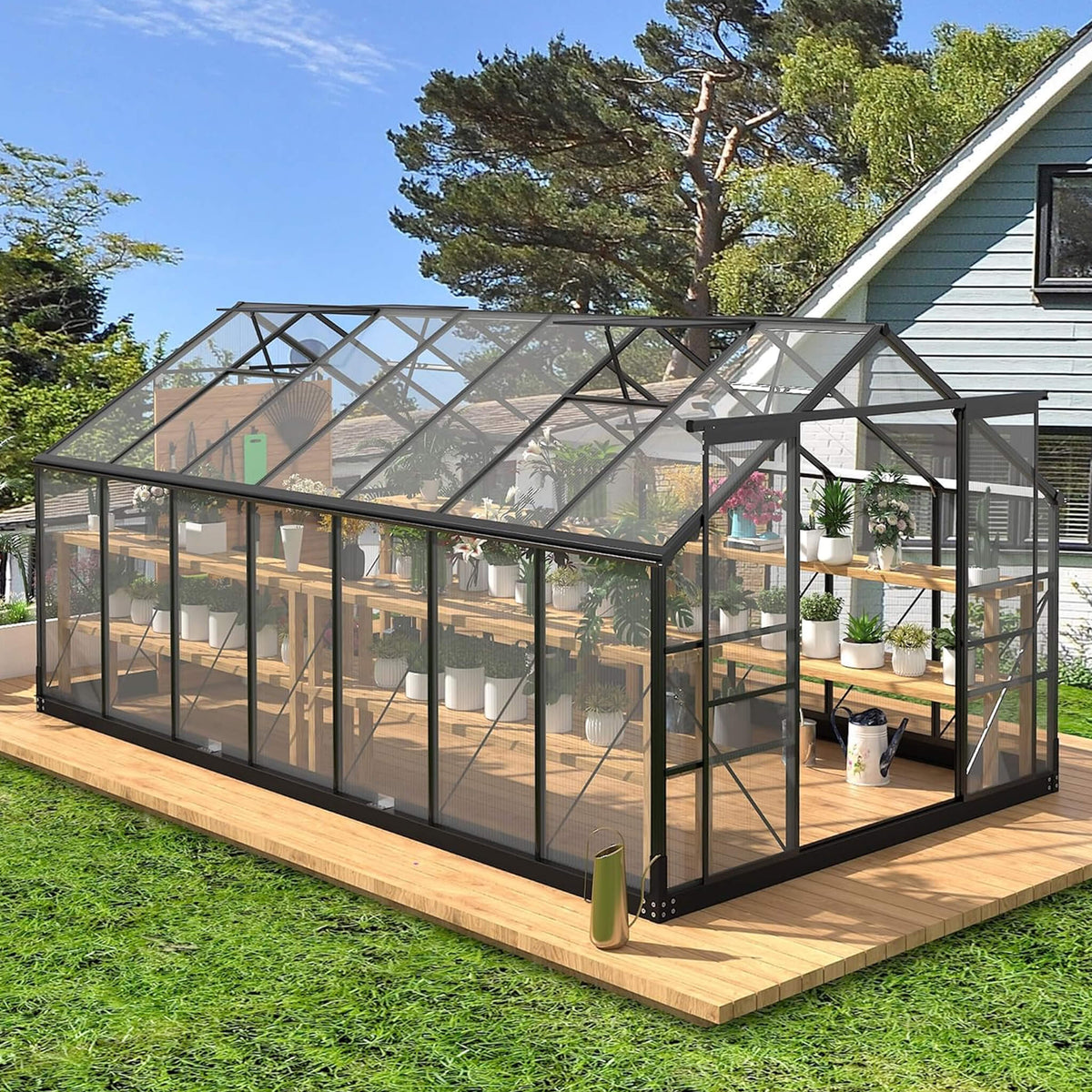 8x14 FT polycarbonate greenhouse with a dark frame and potted plants on a wooden platform beside a home
