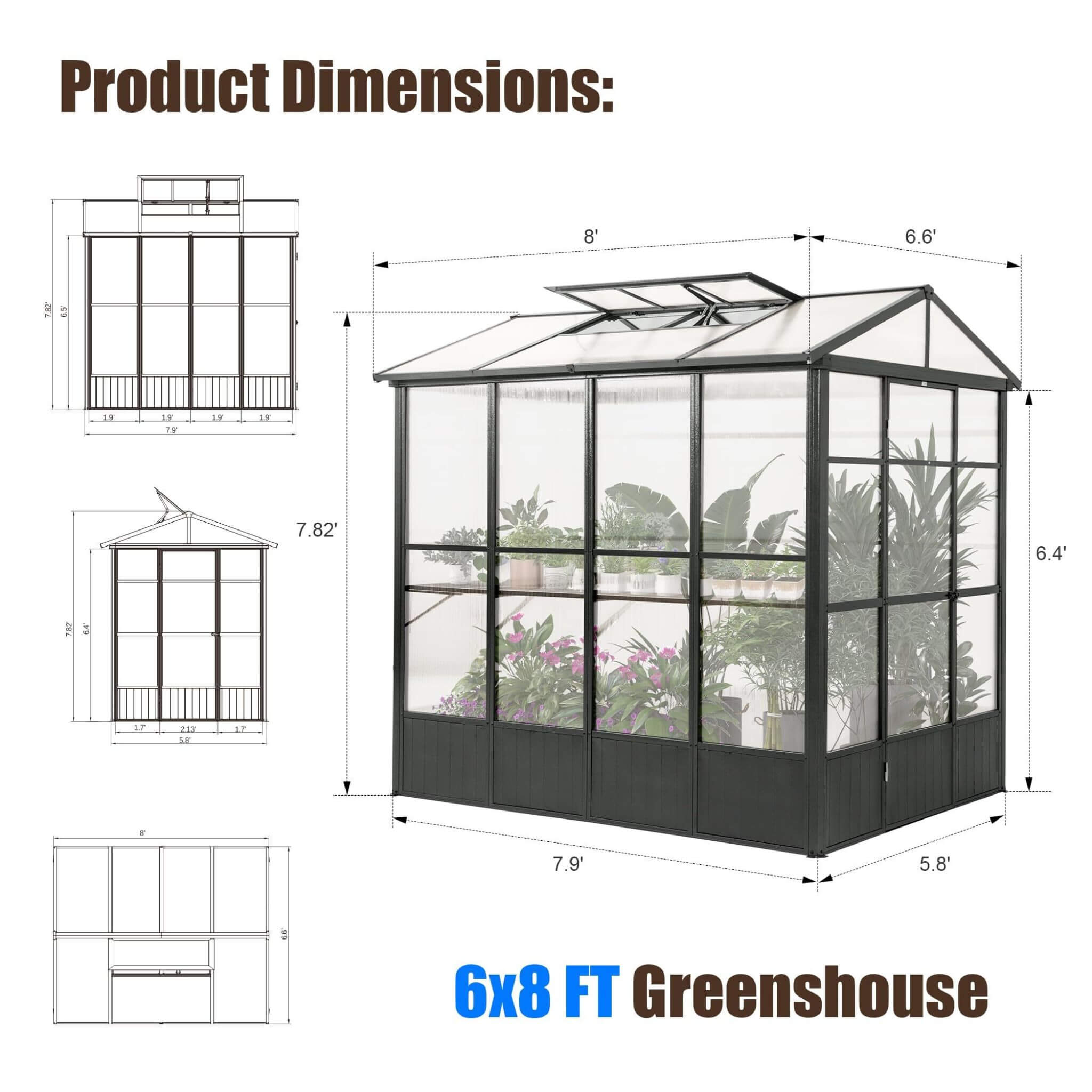 6X8FT Heavy-Duty Outdoor Polycarbonate Greenhouse With Fully Automatic Temperature Control Vent (SAK51892)