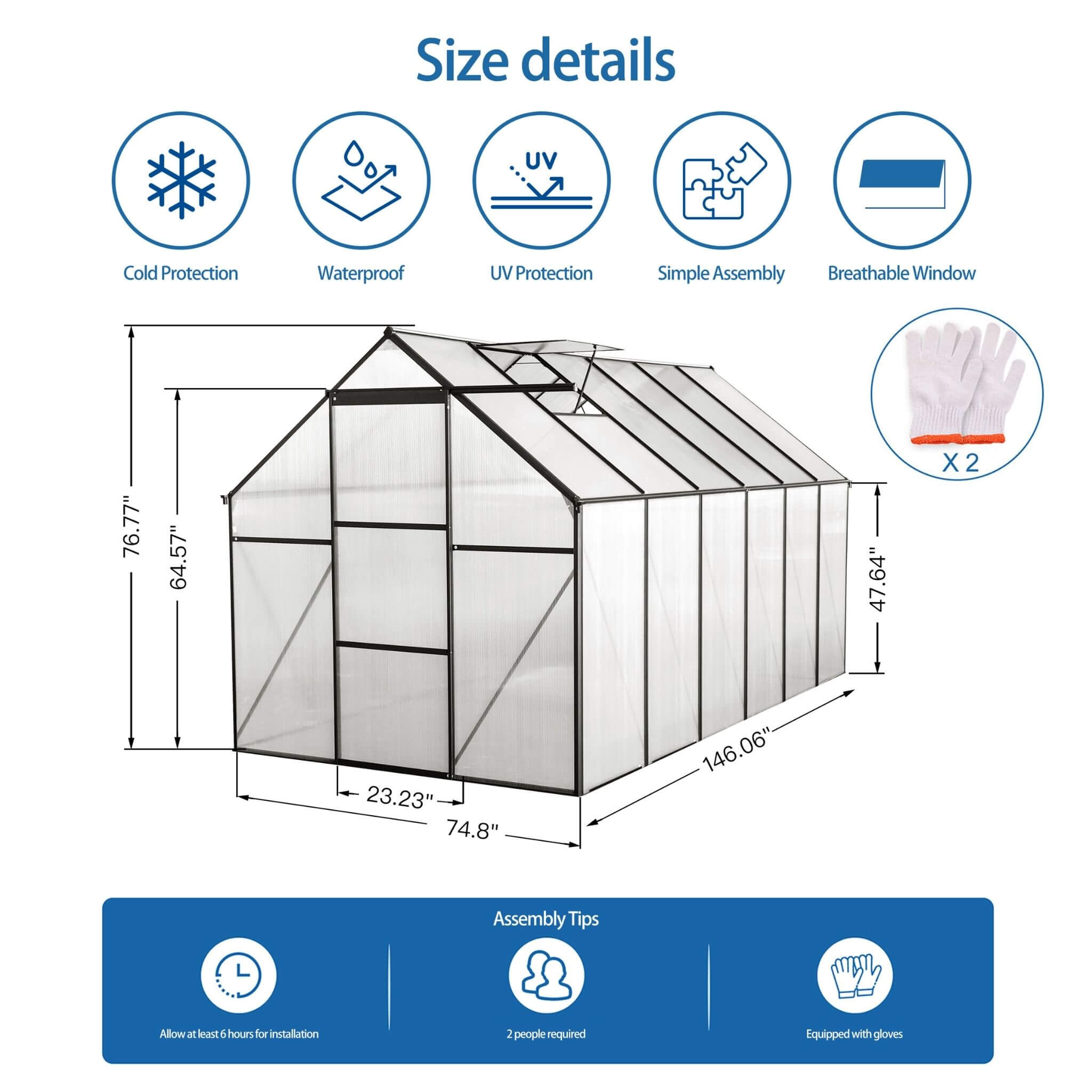 6X12 FT Alora Heavy-Duty Black Polycarbonate Greenhouse With Raised Base And Anchor (SAK92451)