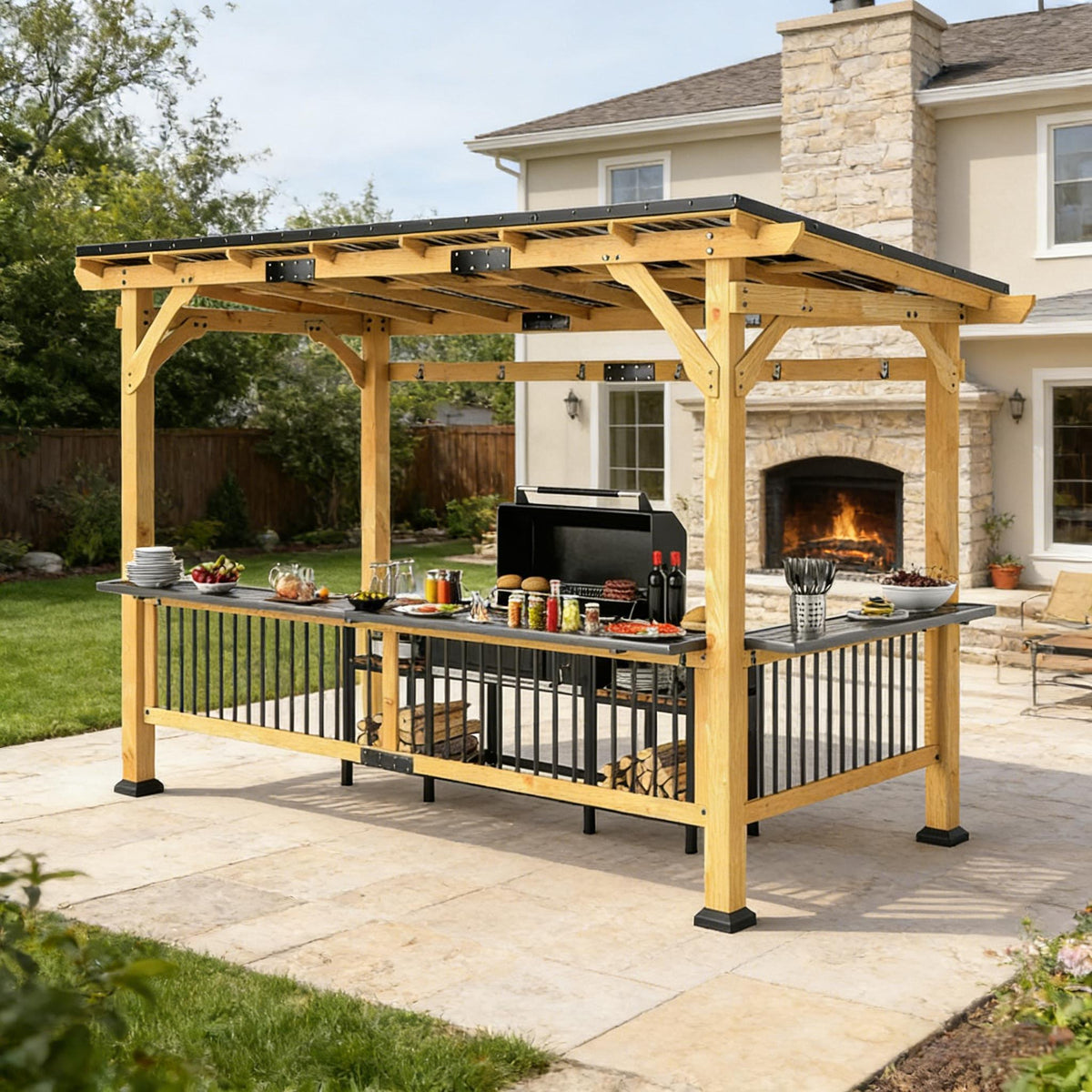 6x13 FT Premium Outdoor Hardtop Wooden BBQ Grill Gazebo (SAK97420)