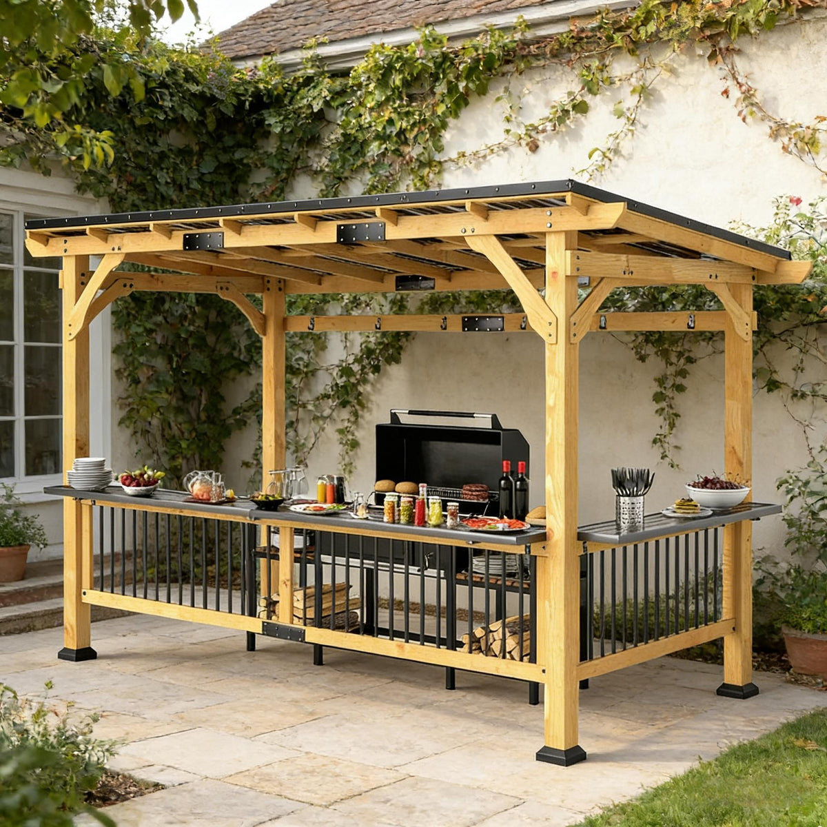 6x13 FT Premium Outdoor Hardtop Wooden BBQ Grill Gazebo (SAK97420)