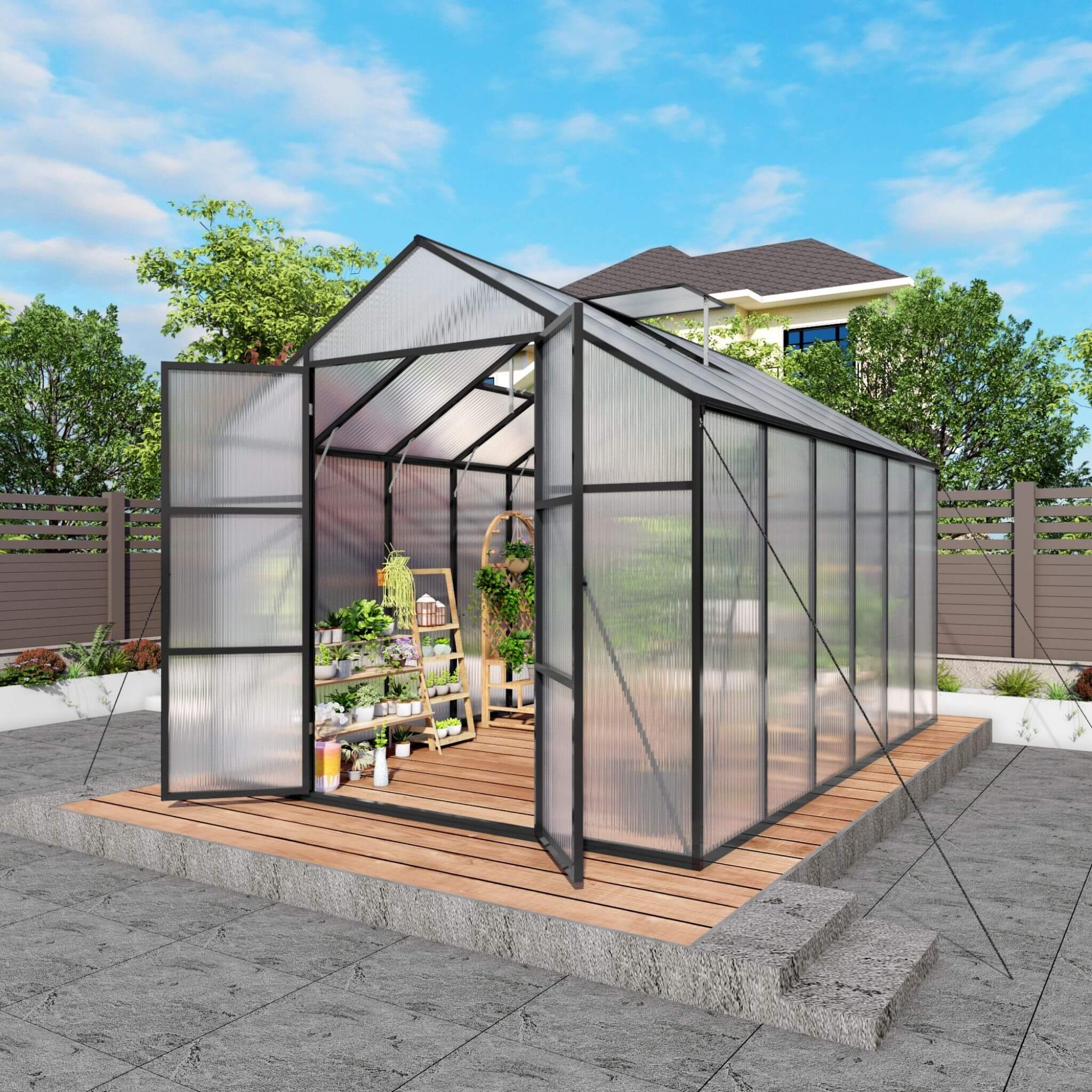 8X12FT All-Season Outdoor Backyard Polycarbonate Greenhouse With Raised Base And Aluminum Frame (SAK78614)