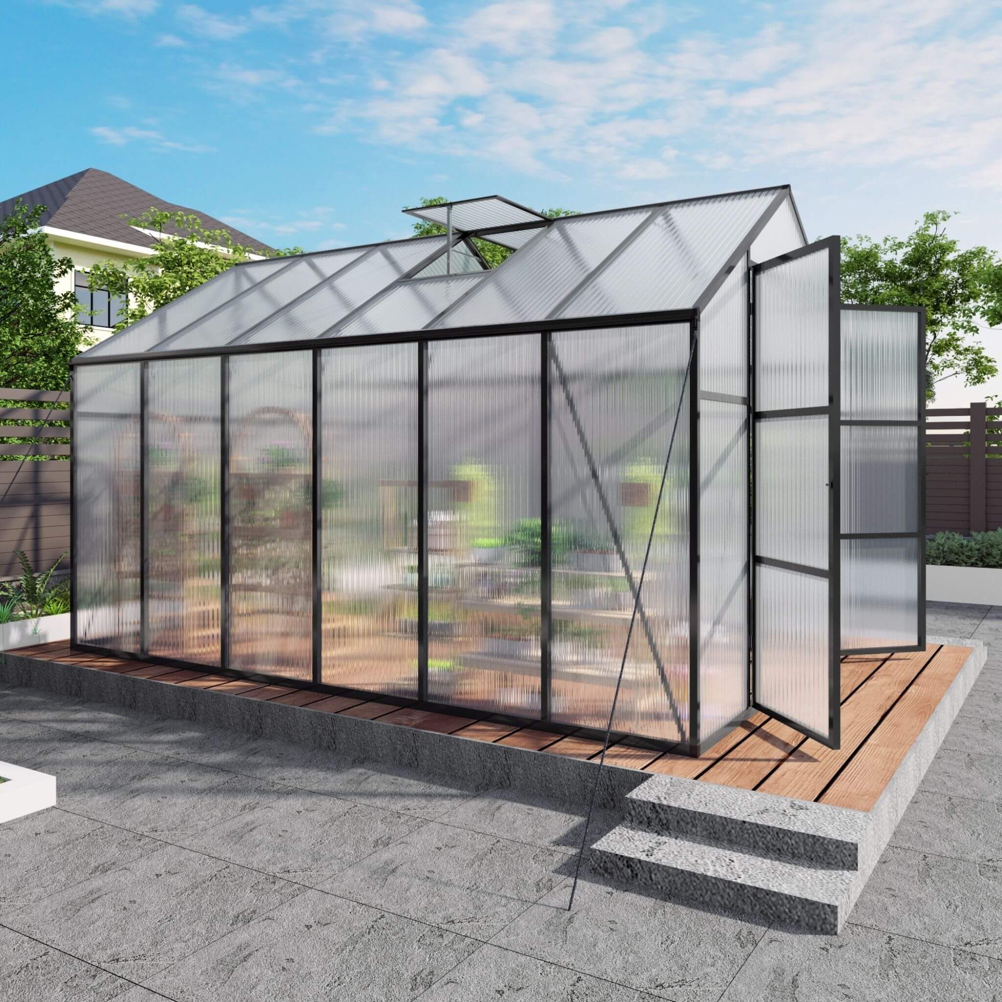 8X12FT All-Season Outdoor Backyard Polycarbonate Greenhouse With Raised Base And Aluminum Frame (SAK78614)