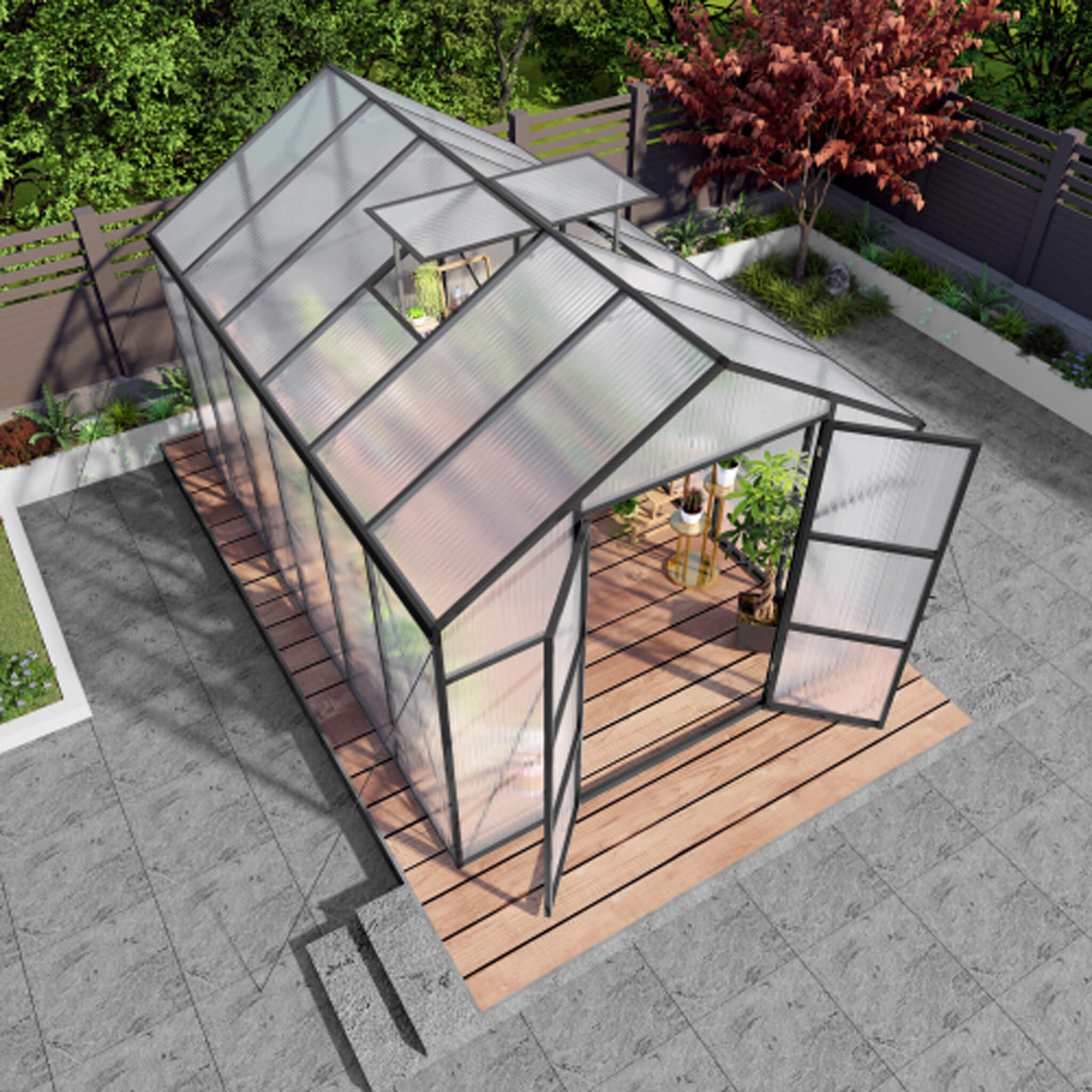 8X12FT All-Season Outdoor Backyard Polycarbonate Greenhouse With Raised Base And Aluminum Frame (SAK78614)