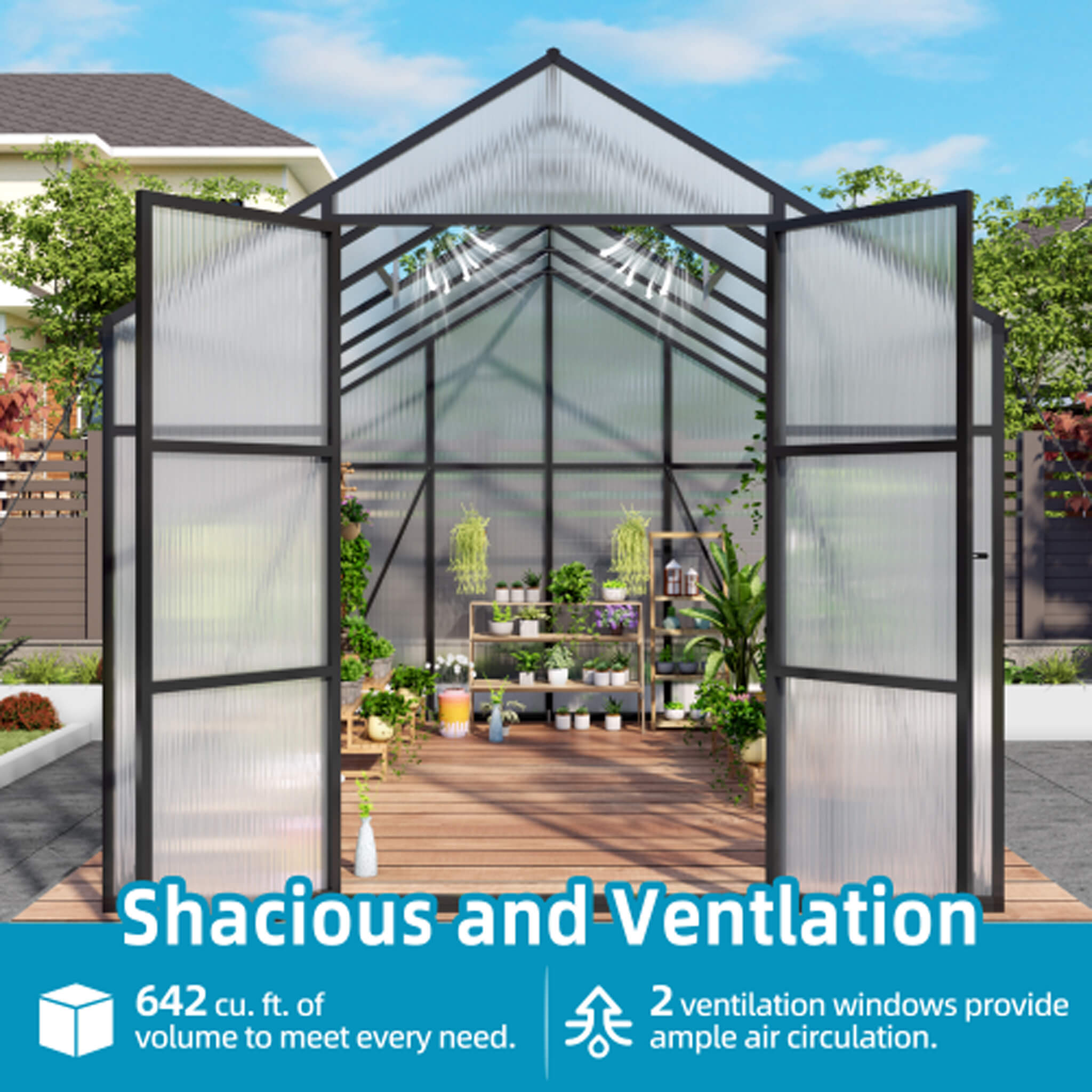 8X12FT All-Season Outdoor Backyard Polycarbonate Greenhouse With Raised Base And Aluminum Frame (SAK78614)