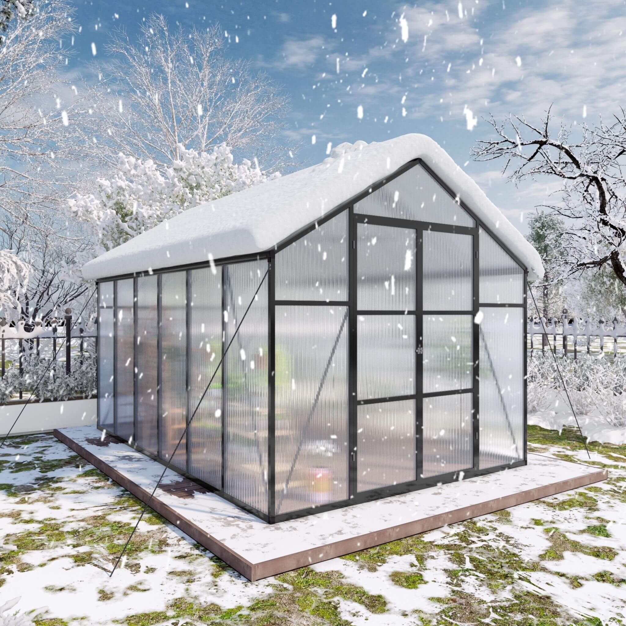 8X12FT All-Season Outdoor Backyard Polycarbonate Greenhouse With Raised Base And Aluminum Frame (SAK78614)