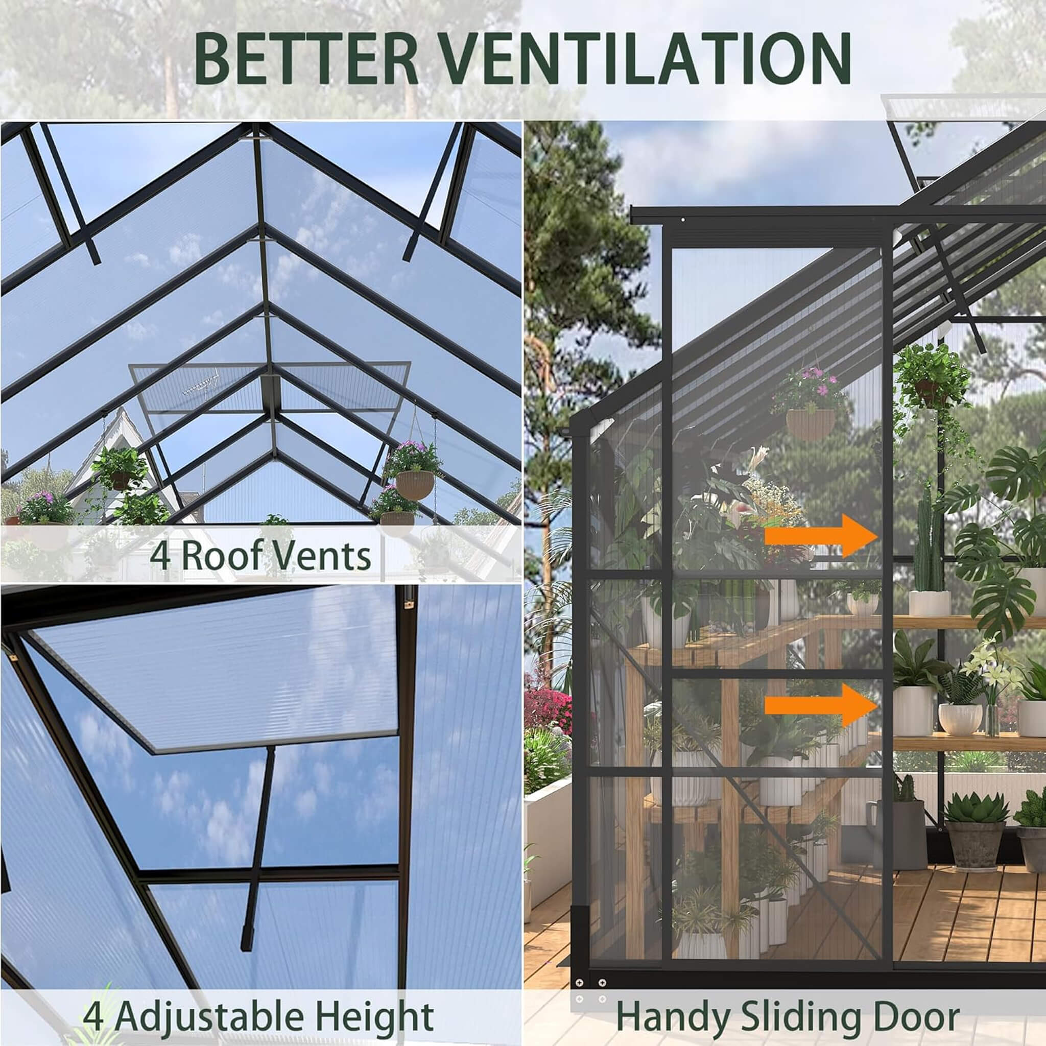 8X14FT Outdoor Polycarbonate Greenhouse With Roof Vents & Sliding Doors, 4MM (SAK19426)