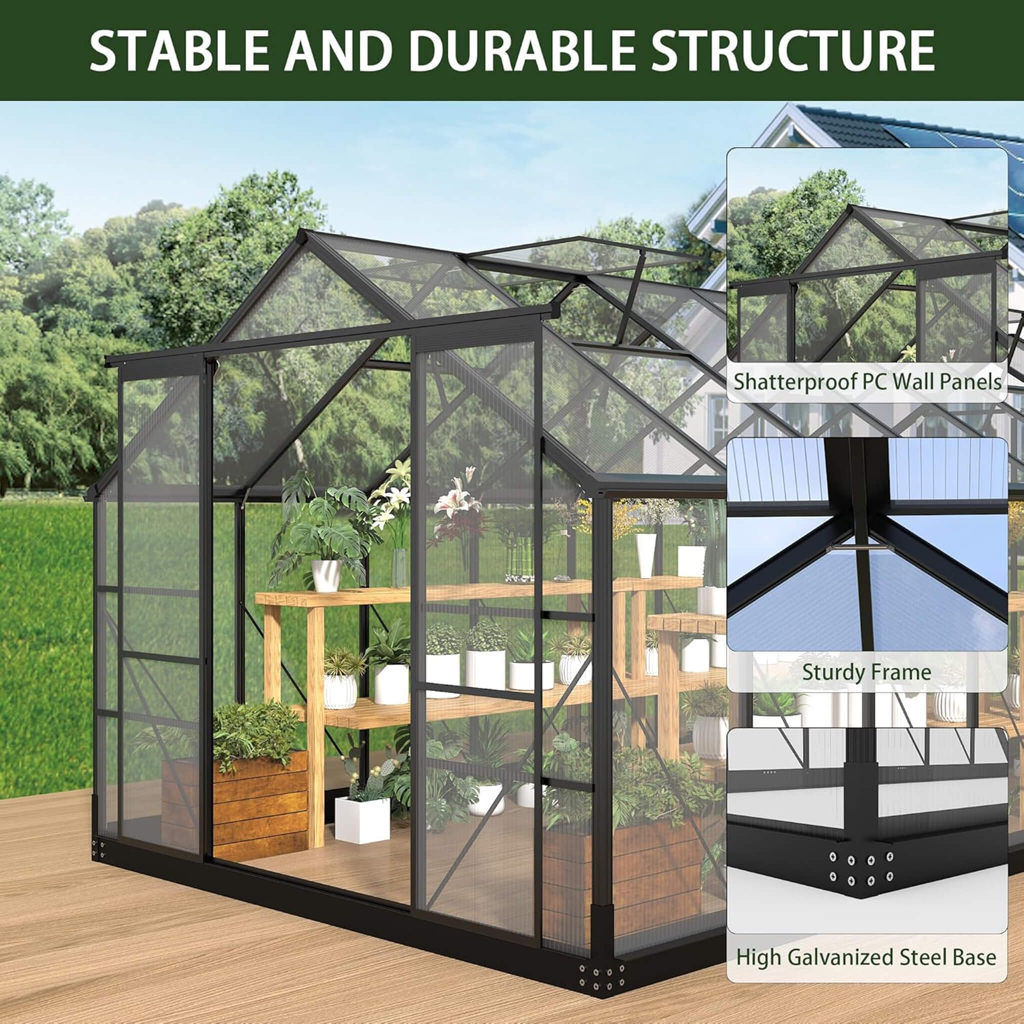 8X14FT Outdoor Polycarbonate Greenhouse With Roof Vents & Sliding Doors, 4MM (SAK19426)
